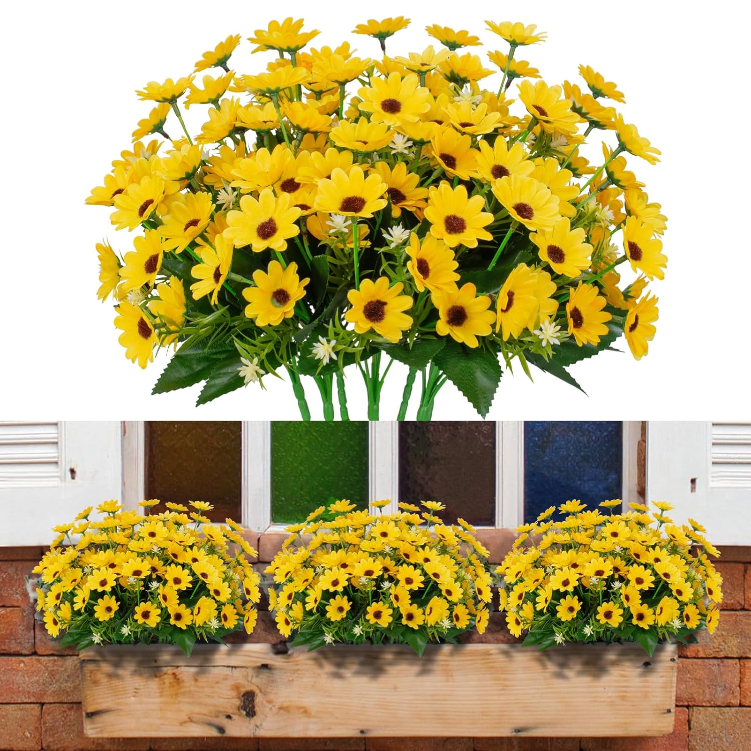 8 Bundles Sunflowers Artificial Flowers Fake Mums Flowers Outdoor Uv Resistant No Fade Fall Plants Faux Silk Daisy Indoor Home Wedding Garden Office Diy Décor(Yellow)