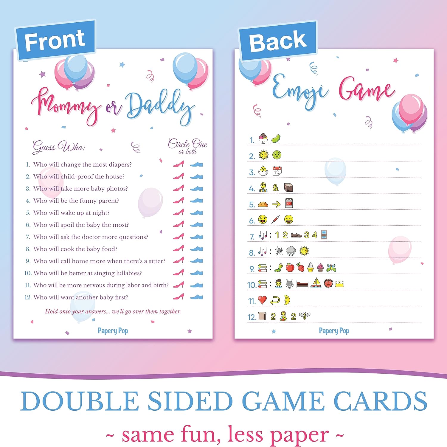 Gender Reveal Party Games - 5 Activities For 50 Guests - Double Sided Games