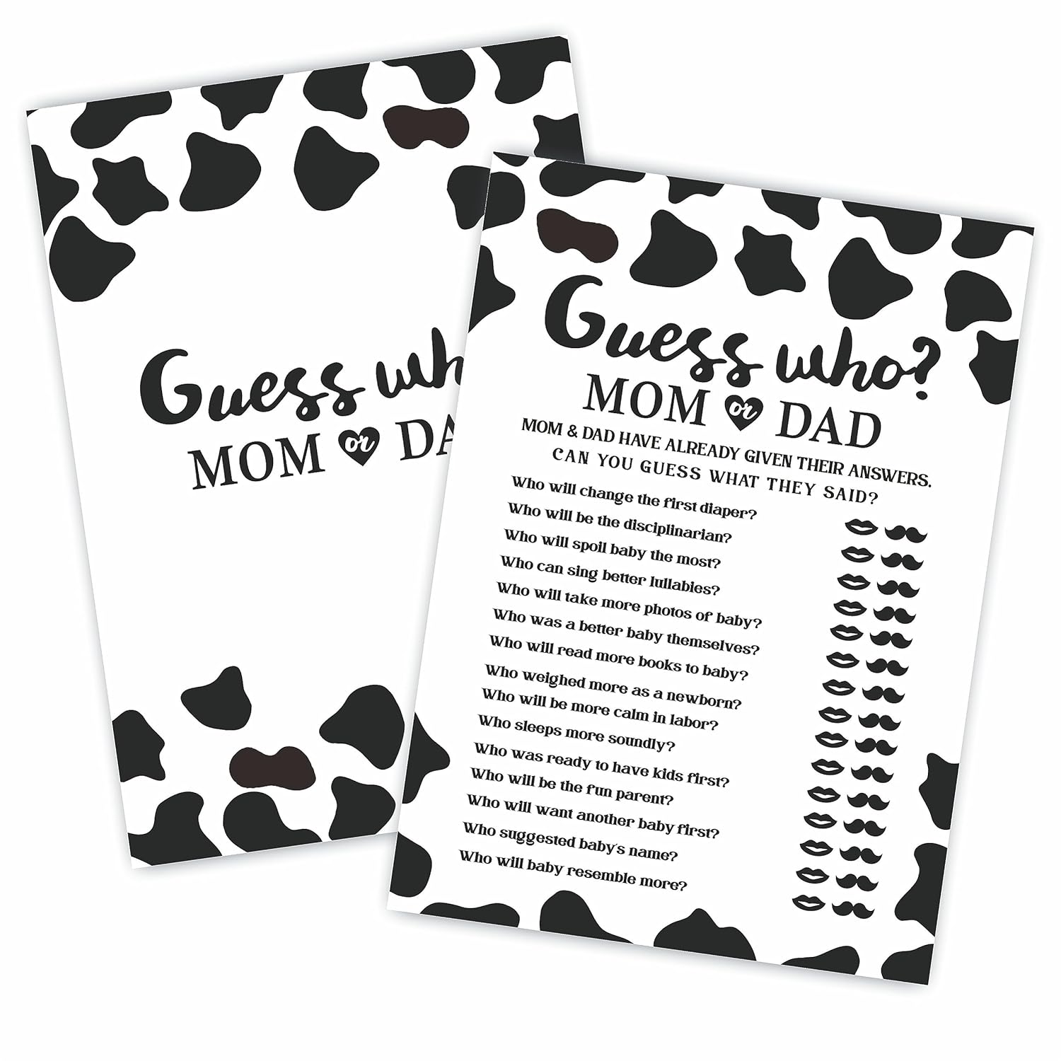 30 Cow Prints Guess Who Mom Or Dad Baby Shower Game, 5 X 7 Inches Double Sided Fill-In Game Cards For Boys Or Girls, Gender Neutral Party Favor & Supplies-(C03)