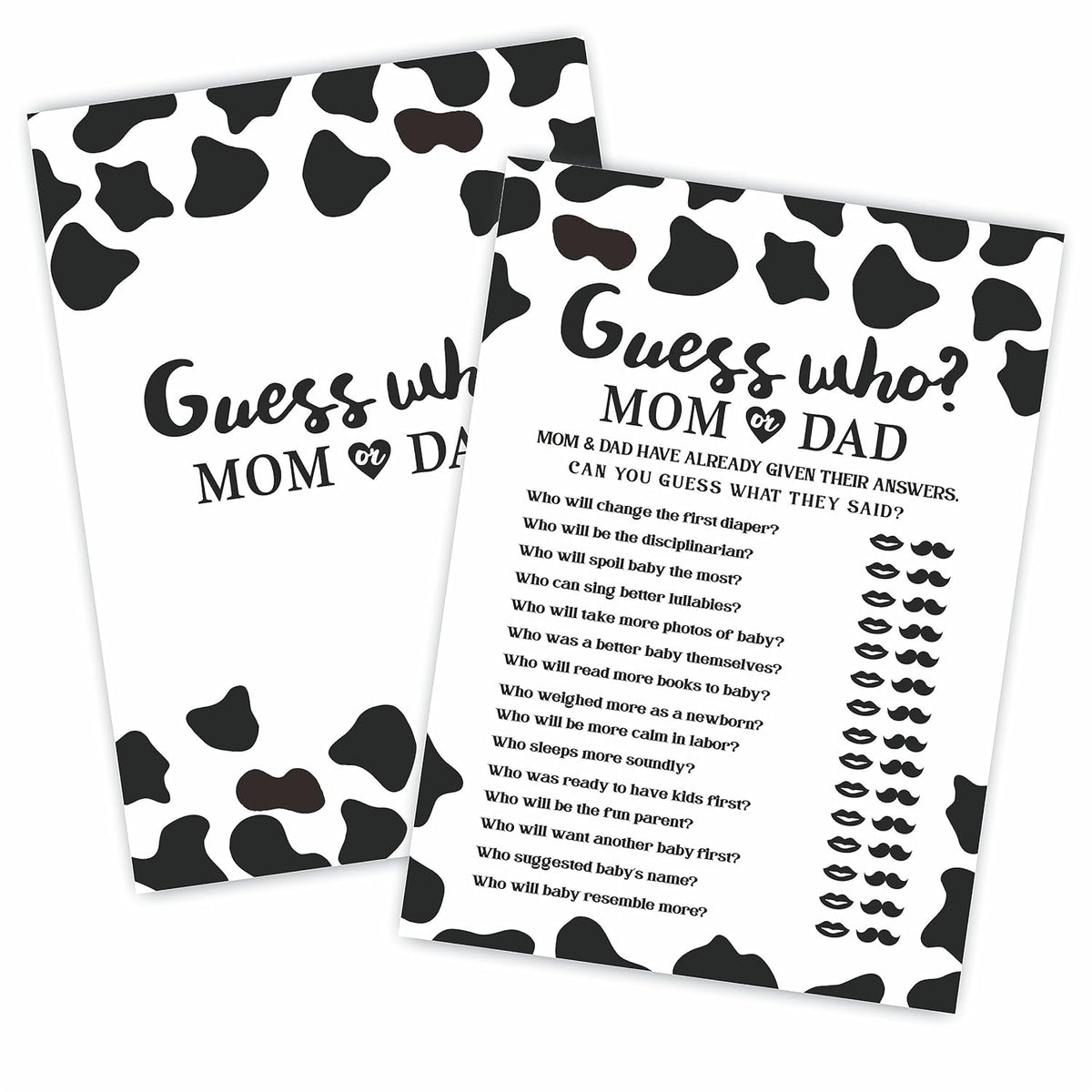 30 Cow Prints Guess Who Mom Or Dad Baby Shower Game, 5 X 7 Inches Double Sided Fill-In Game Cards For Boys Or Girls, Gender Neutral Party Favor & Supplies-(C03)