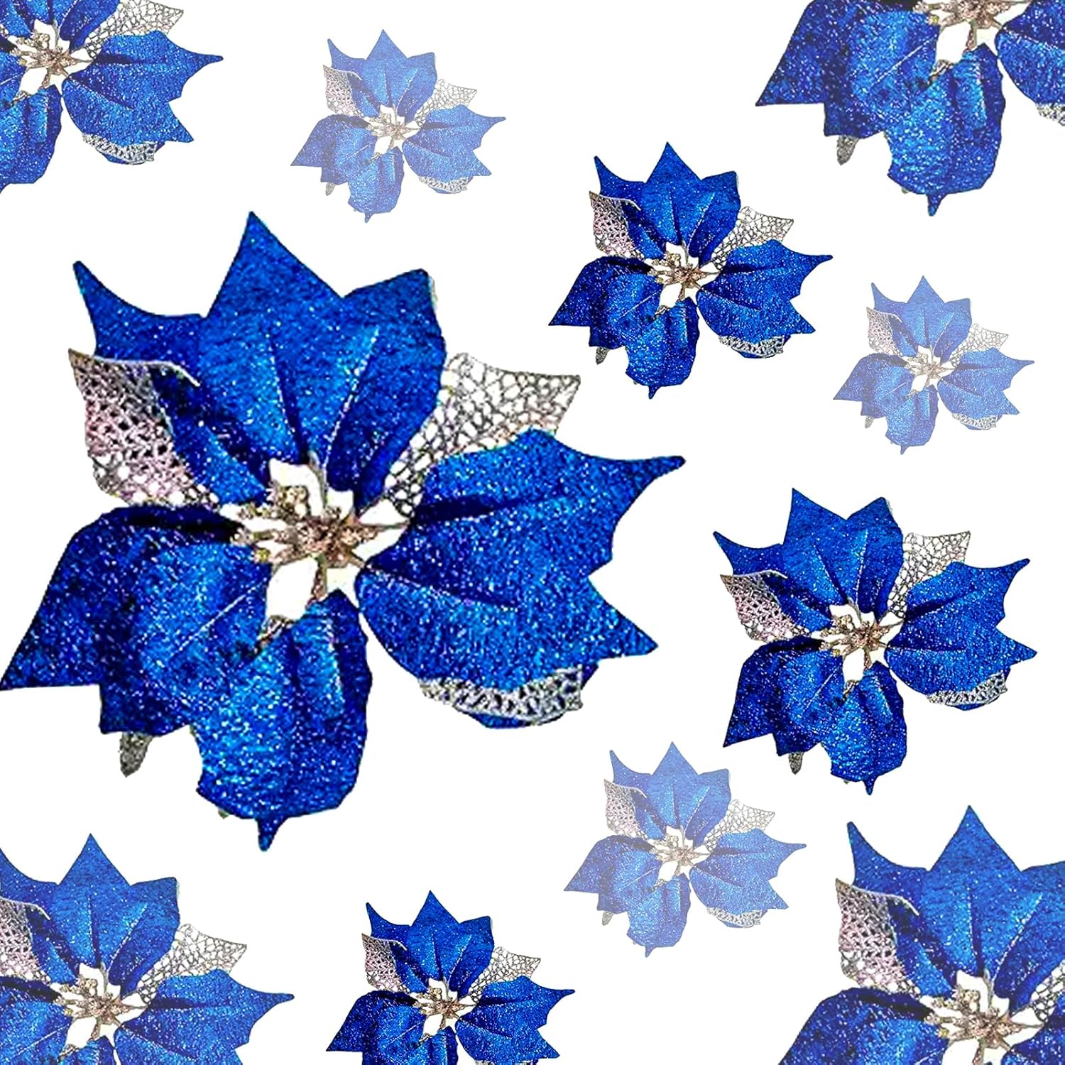 9 Inch Large Glitter Royal Blue Poinsettia Christmas Tree Ornaments Wedding Artificial Flowers Decorations Pack Of 12