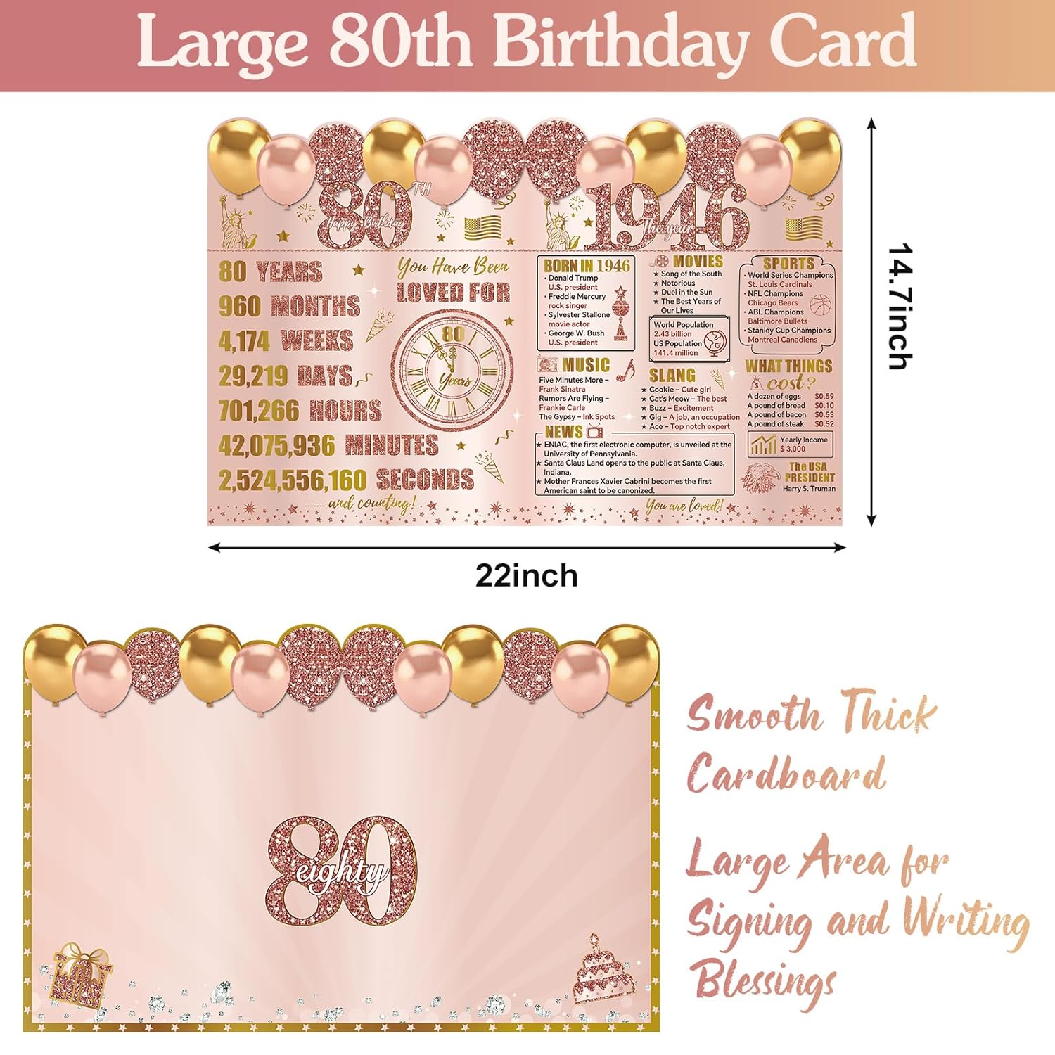 Large 80Th Birthday Card For Women With Envelope, Pink Rose Gold Back In 1946 Birthday Cards Jumbo Happy 80Th Birthday Decorations Greeting Card Guest Book Eighty Party Supplies Gifts
