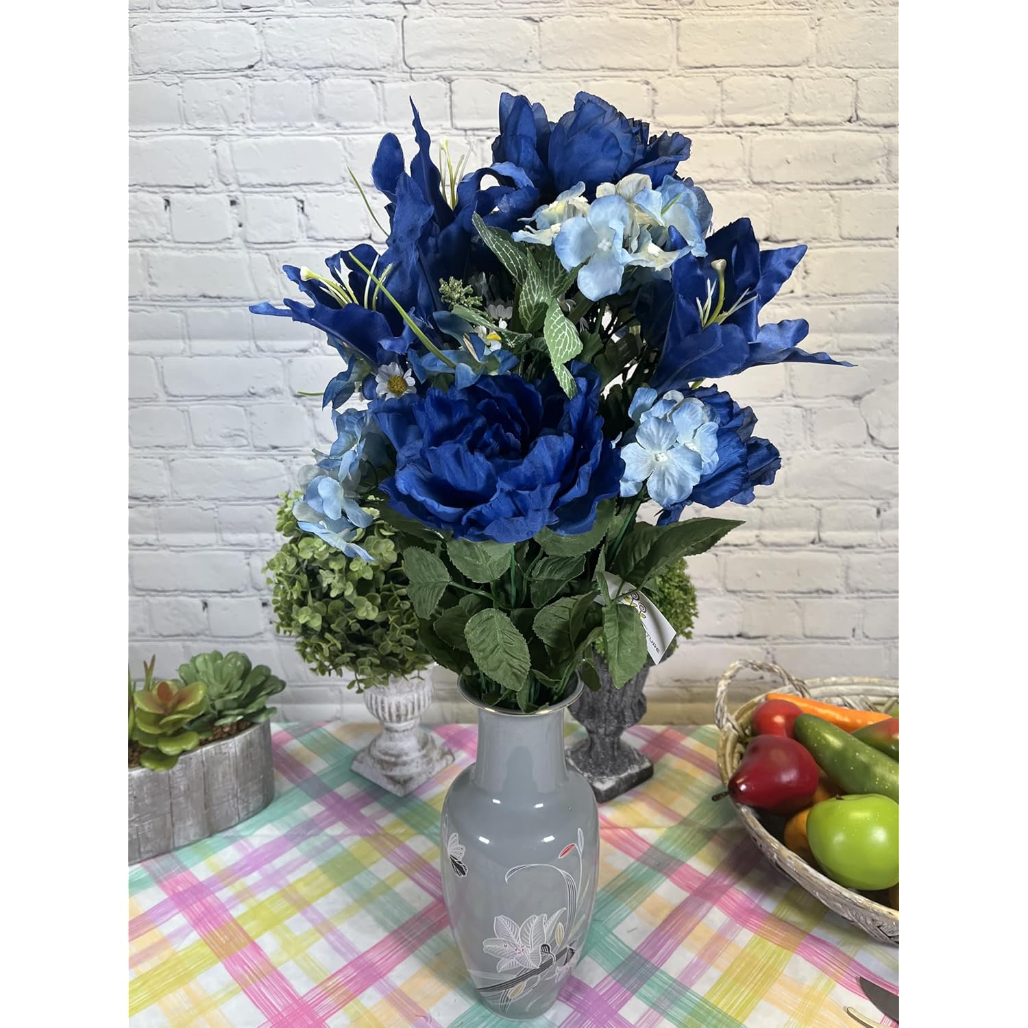 2Pcs Of 24 Stem Artificial Roses Carnation Mixed Bush Spring Faux Flower Arrangement For Outdoor & Indoor Wedding Home Decoration, Cemetery Decorations For Grave, Blue
