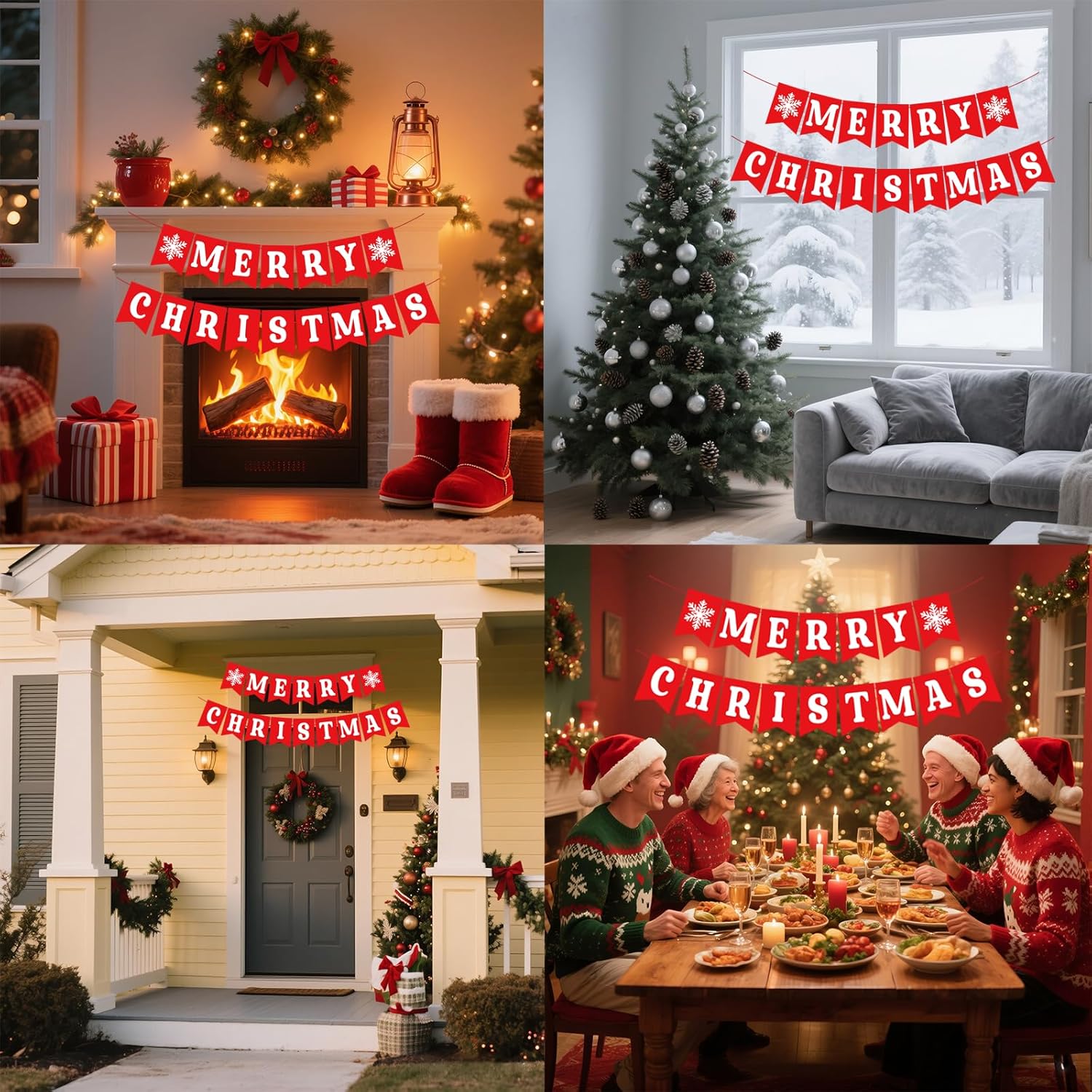 Merry Christmas Banners For Inside, Pre-Strung Fireplace Xmas Decorations, Xmas Wall Banner With Snowflake, Christmas Bunting Banner For Winter New Year Party Mantle Hanging Sign Supplies