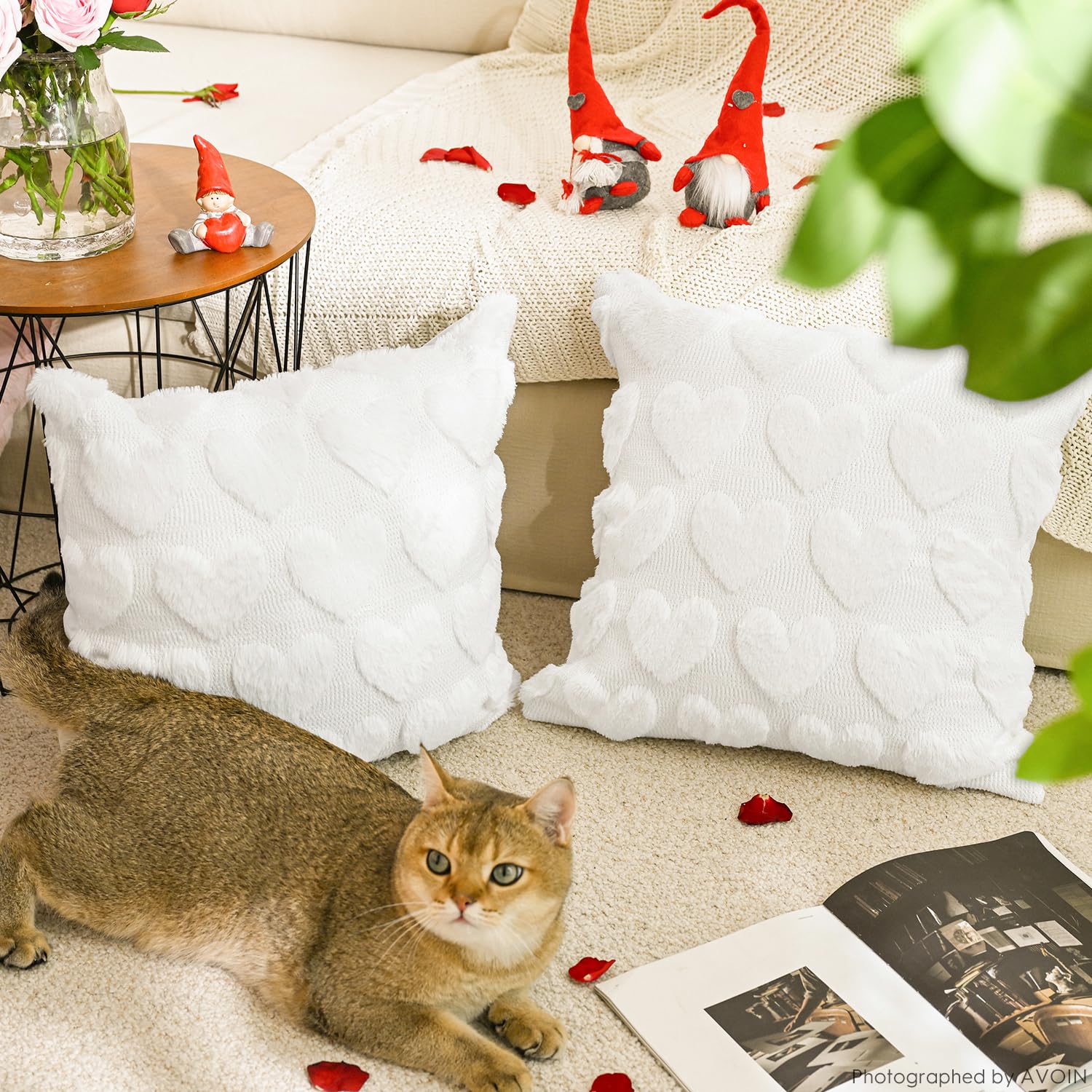 Valentine'S Day Love Heart Cream White Throw Pillow Covers Set Of 2, 18 X 18 Inch Anniversary Wedding Home Decor Soft Plush Faux Fur Jacquard Cushion Case For Sofa Couch