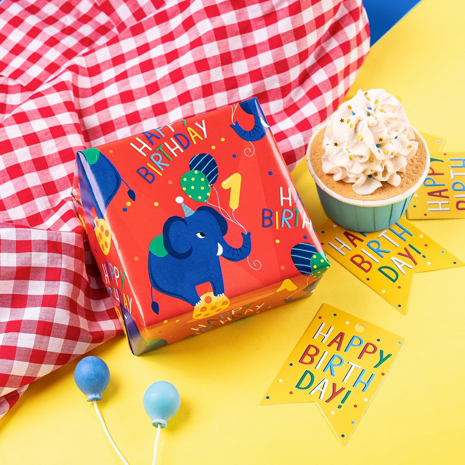 Birthday Wrapping Paper With Elephant Pattern, Great For Gift Wrap - 6 Sheets Each, 27 X 19 Inches, Age 1