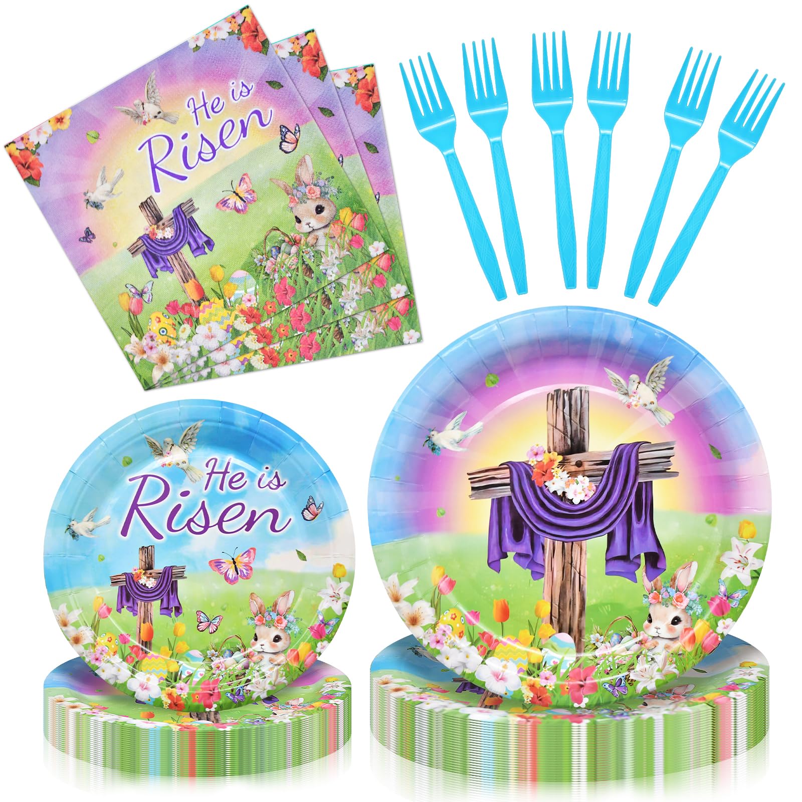 96 Pieces "He is Risen" Easter Day Tableware Set Party Supplies - Religious Theme Disposable Dinnerware with Paper Plates, Napkins, Forks for Spring Resurrection Christian Celebration Favors