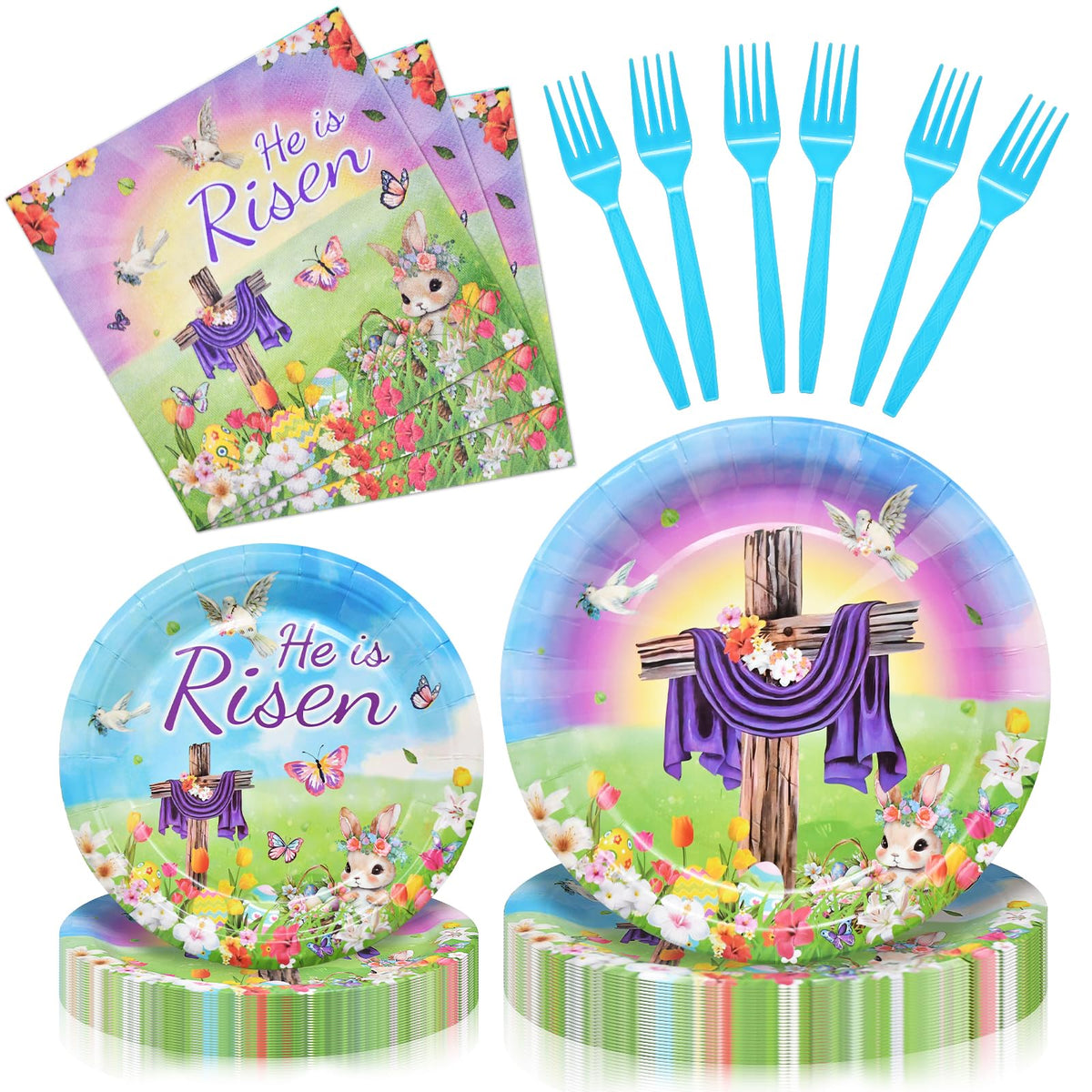 96 Pieces "He is Risen" Easter Day Tableware Set Party Supplies - Religious Theme Disposable Dinnerware with Paper Plates, Napkins, Forks for Spring Resurrection Christian Celebration Favors