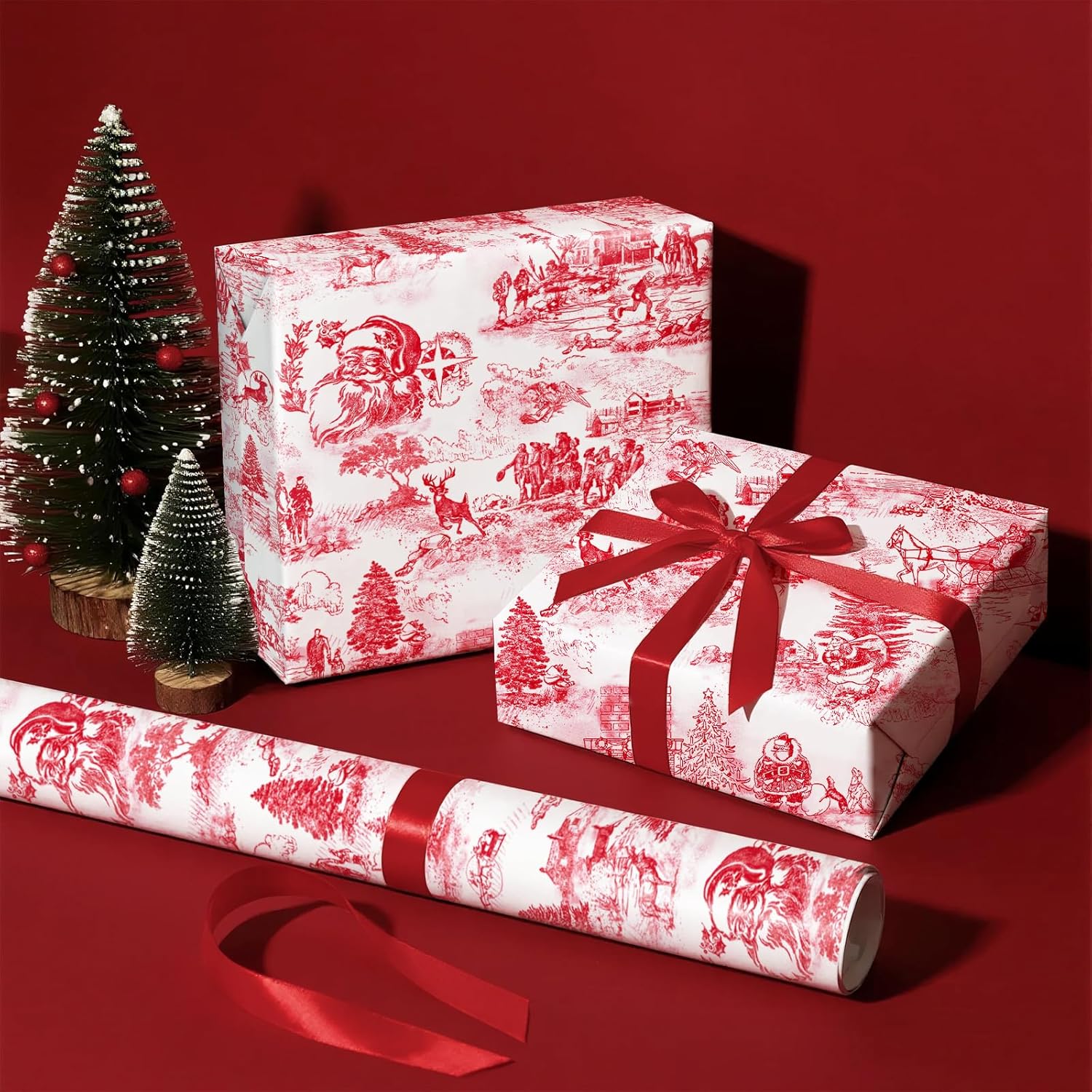 Toile Vintage Christmas Wrapping Paper - Mini Roll - 17 Inch X 16.5 Feet - Santa Toile De Jouy Red Christmas Wrapping Paper For Xmas Holiday, Party Celebration