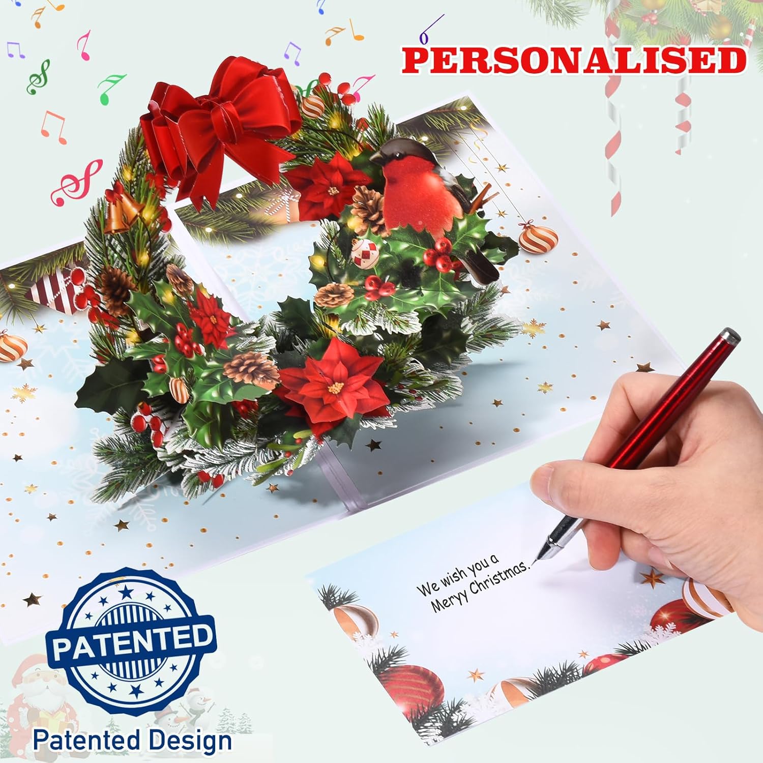 Pop Up Christmas Cards With Lights And Music, 3D Wreath Design, Handmade Musical Popup Greeting Card For Holidays Includes Envelop, Playing 'We Wish You A Merry Christmas'