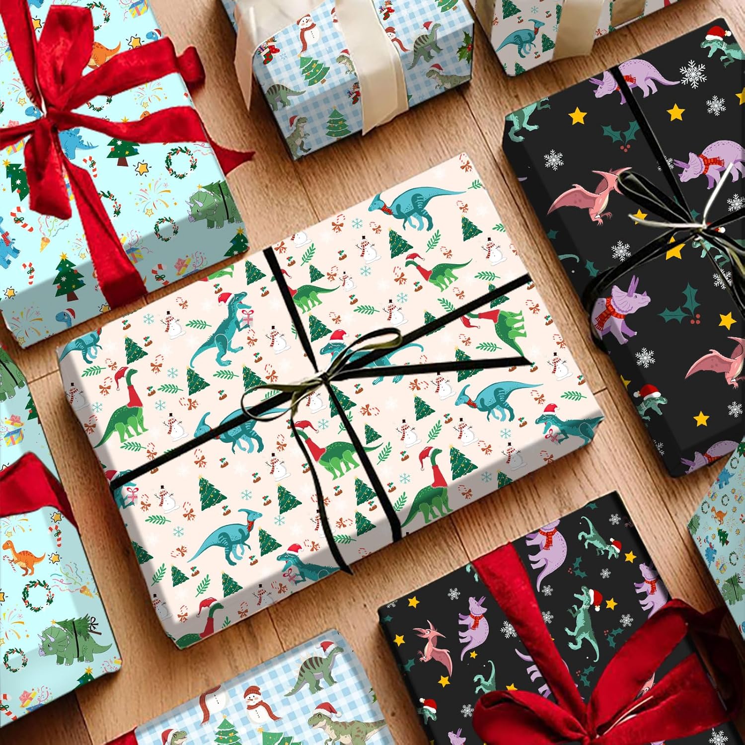 Dinosaurs Christmas Wrapping Paper For Boys Girls Kids - 8 Jumbo Sheets Cartoon Dinosaurs, Santa Hats And Snowman Designs - Diy Gift Wrap For Party Favors New Year Birthday Gift, 28"X40" (Dinosaur)