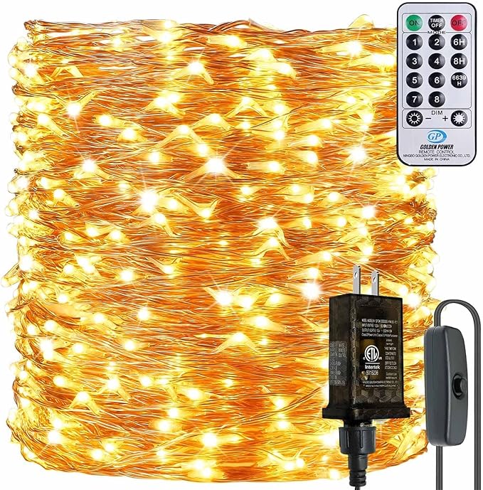 165FT Plug In Fairy Lights 500 LED Warm White Copper String Lights with Remote Timer 8 Modes Dimmable Waterproof for Holiday Decor