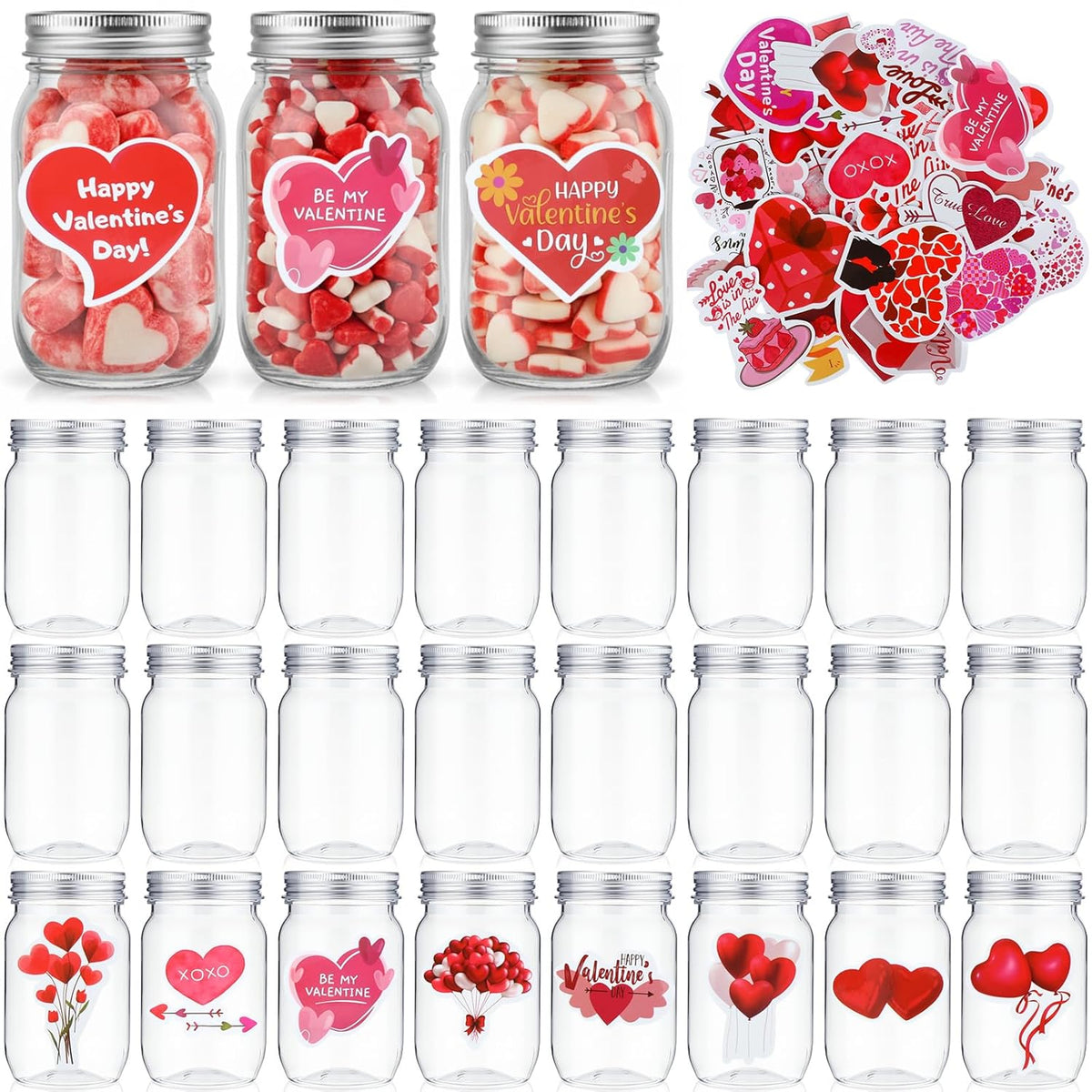 24 Set Valentine'S Day Candy Jars 8.5 Oz Plastic Cookie Jars With Lids Heart Stickers Diy Sugar Storage Containers For Valentine'S Party Gift