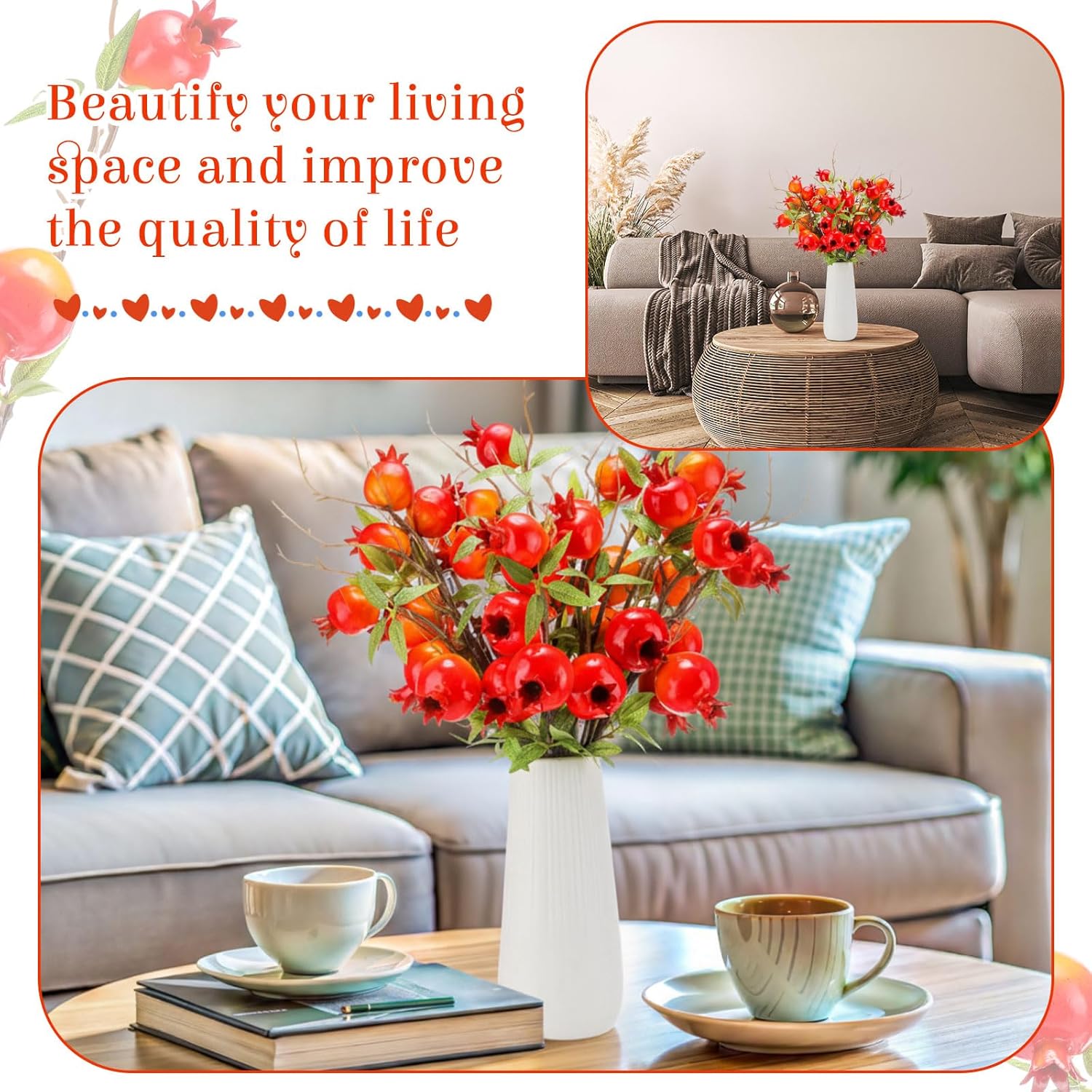 20 Pcs Artificial Pomegranate Branches 17.72'' Tall Faux Pomegranate Flower Stem Orange Fake Berries Branches For Wedding Home Vase Party Decorations