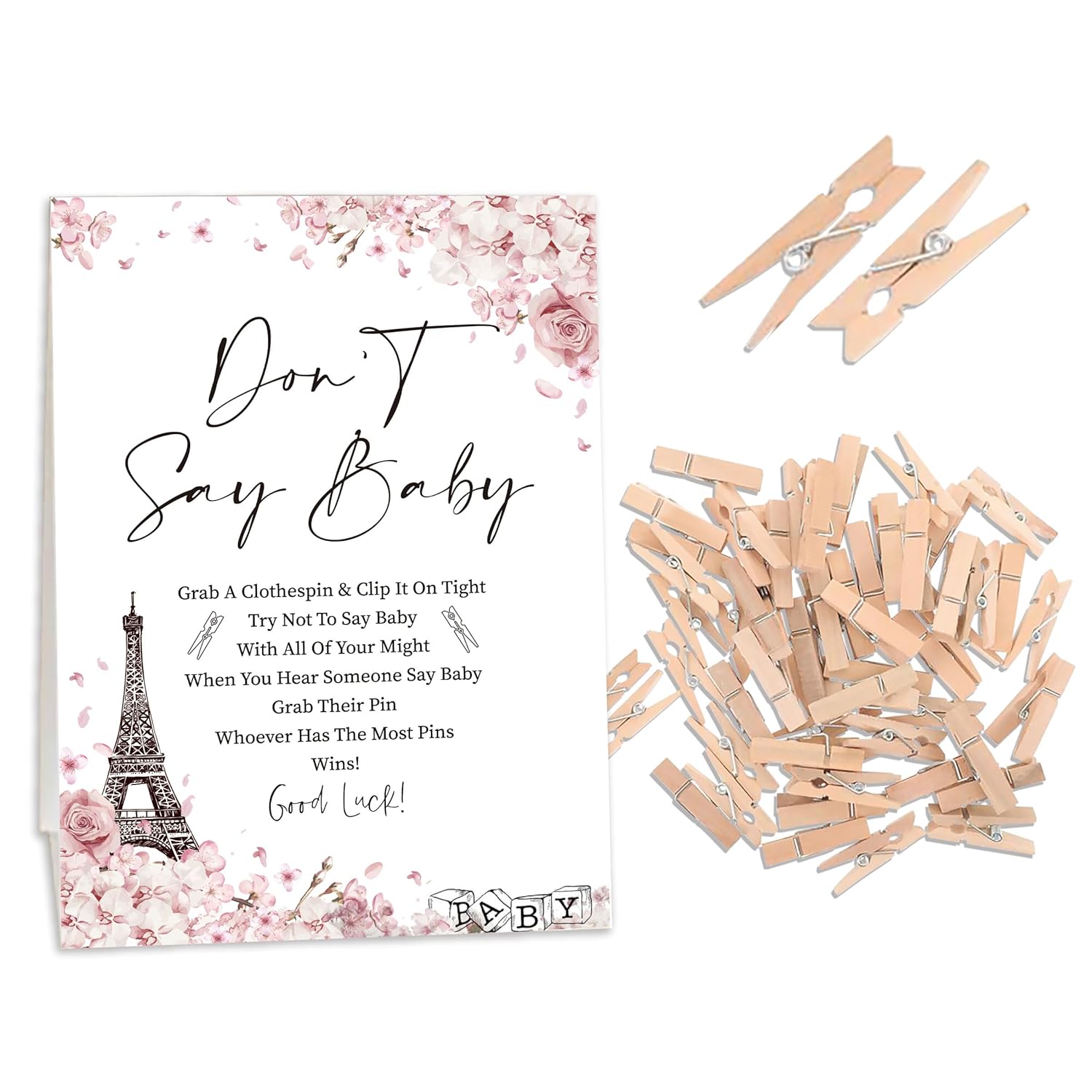 French Paris Baby Shower Games, Don'T Say Baby Game (One Sign With 50 Mini Clothespins), Paris Eiffel Tower Theme Babyshower Decorations, Gender Reveal Game-Dsbb14