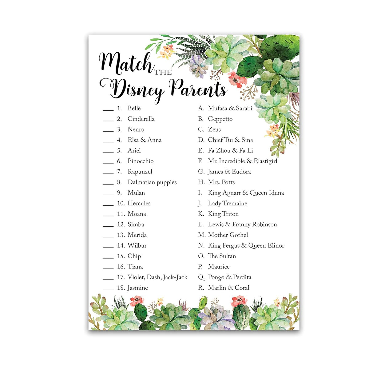 Succulents Baby Shower Theme — Cartoon Parent Match Baby Shower Game — Pack Of 25 — Greenery Gender Neutral Shower Activity, Fun Match The Famous Parents, Co-Ed Couples Shower, Gender Reveal Party G300-Dpm