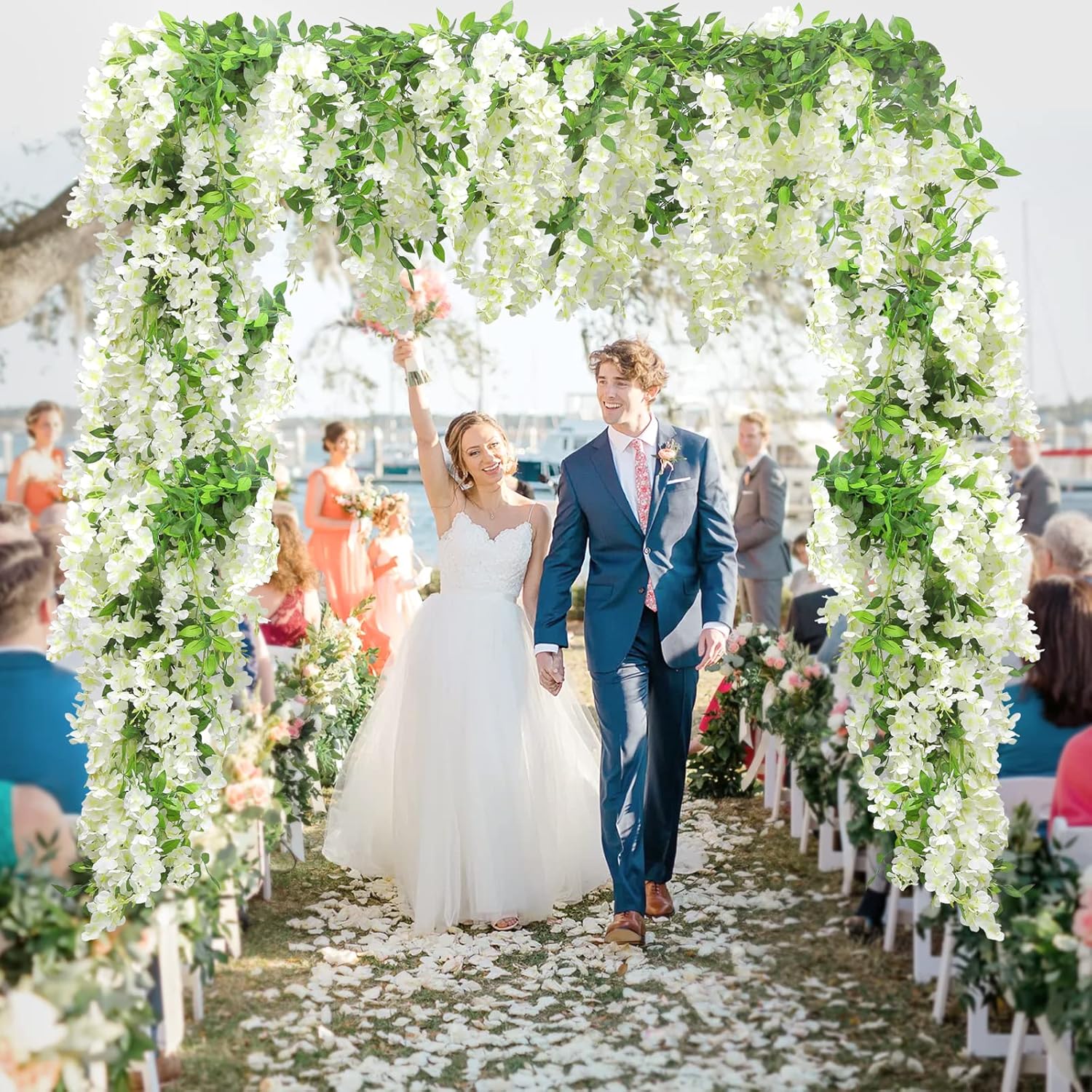 Wisteria Artificial Flowers Garland, 5Pcs Total 36Ft White Wisteria Hanging Flowers, Flower Garland Decorations For Home Garden Outdoor Ceremony Wedding Arch Decoration
