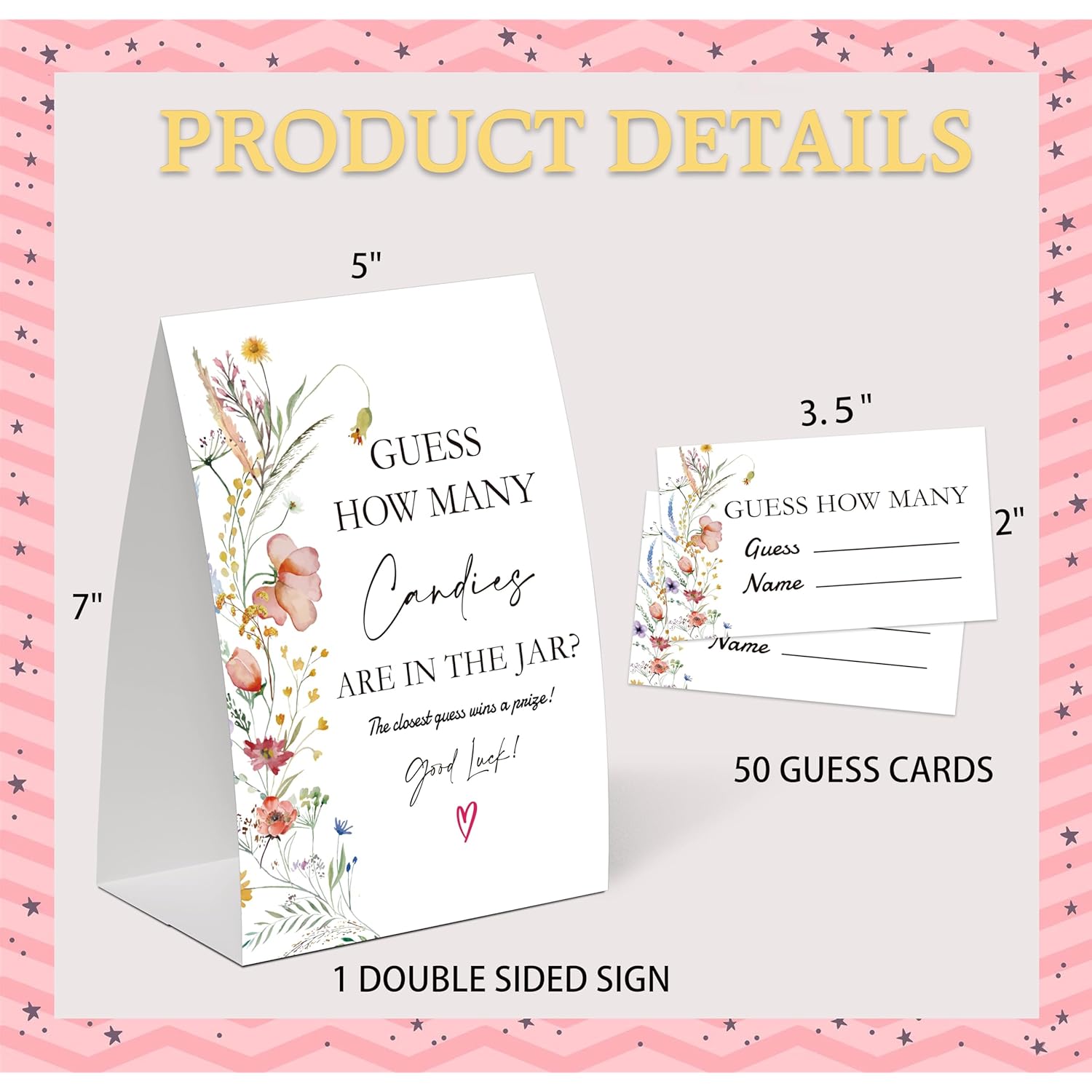 Boho Wildflower Guess How Many Candies Are In The Jar Game For Baby Shower, Pack Of One 5X7 Sign And 50 Guessing Cards, Boho Baby Shower Decoration, Gender Neutral Party Supplies - Gc02