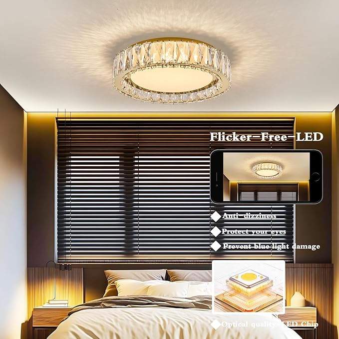 15 Inch Crystal Gold LED Ceiling Light 5CCT Dimmable Modern Flush Mount Fixture
