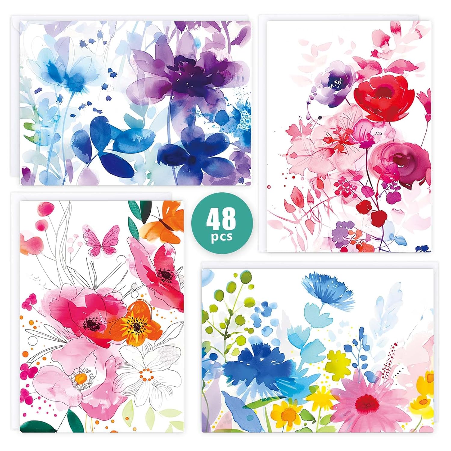 48 Pack Blank Cards And Envelopes, Watercolor Flowers Blank Greeting Cards, Blank Cards For All Occasion