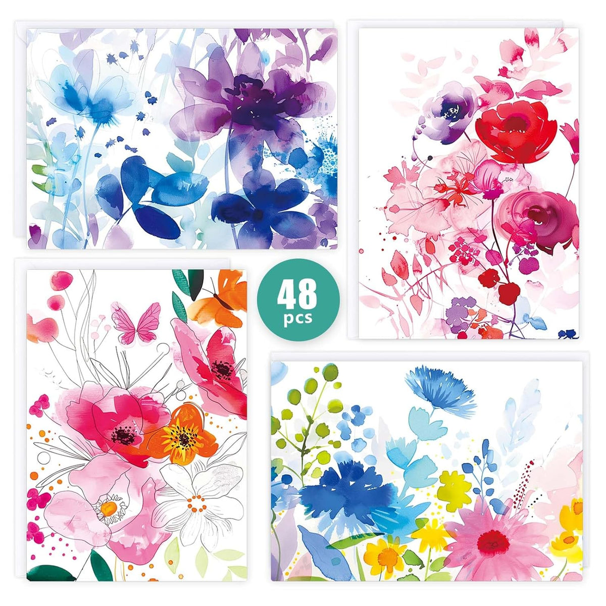 48 Pack Blank Cards And Envelopes, Watercolor Flowers Blank Greeting Cards, Blank Cards For All Occasion