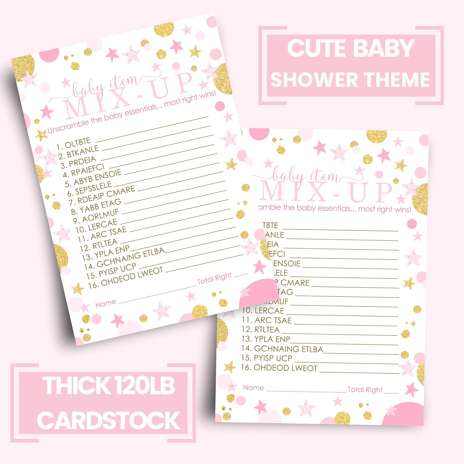 Twinkle Little Star Baby Shower Games For Girls - Word Scramble - Fun Gender Reveal Games For Guests - Royal Princess Theme In Pink And Gold - 25 Cards
