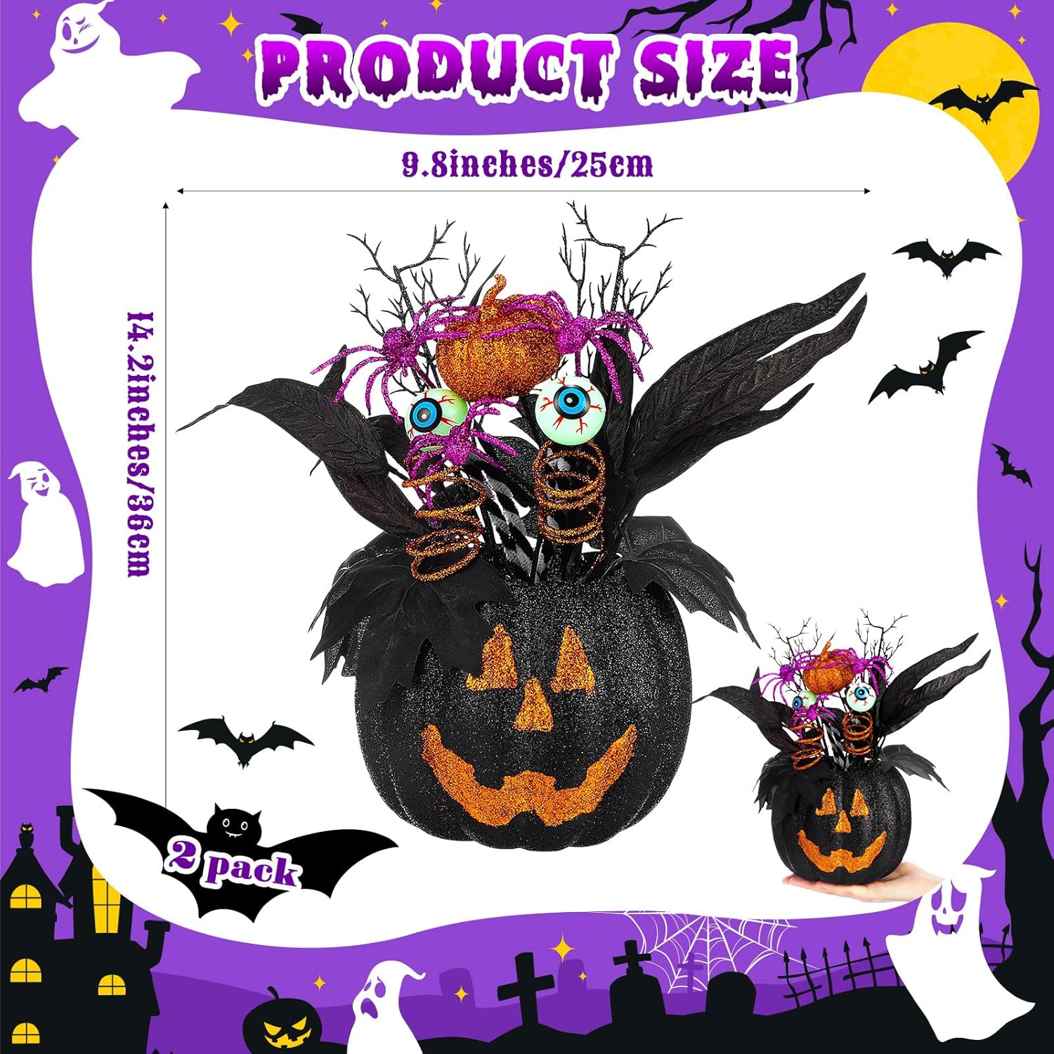2 Pack Halloween Table Centerpieces Decorations 14'' X 10'' Pumpkin Table Artificial Flowers Tabletop Decor With Spider And Eyeball Halloween Tabletop Decor For Home Kitchen Indoor Outdoor