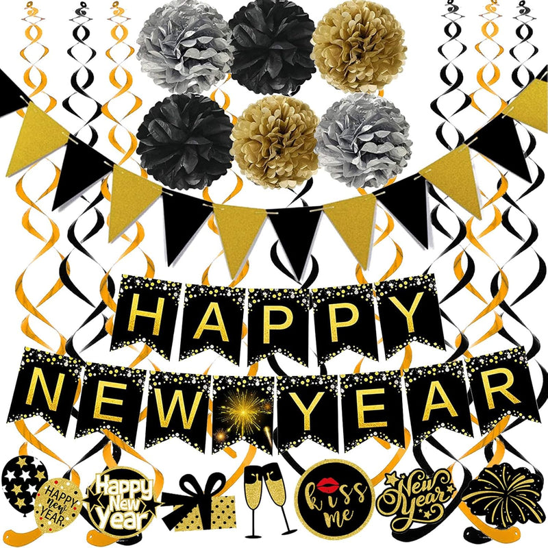 Happy New Year Banner Pom Poms Triangle Flag Swirls Garland Hanging Bu