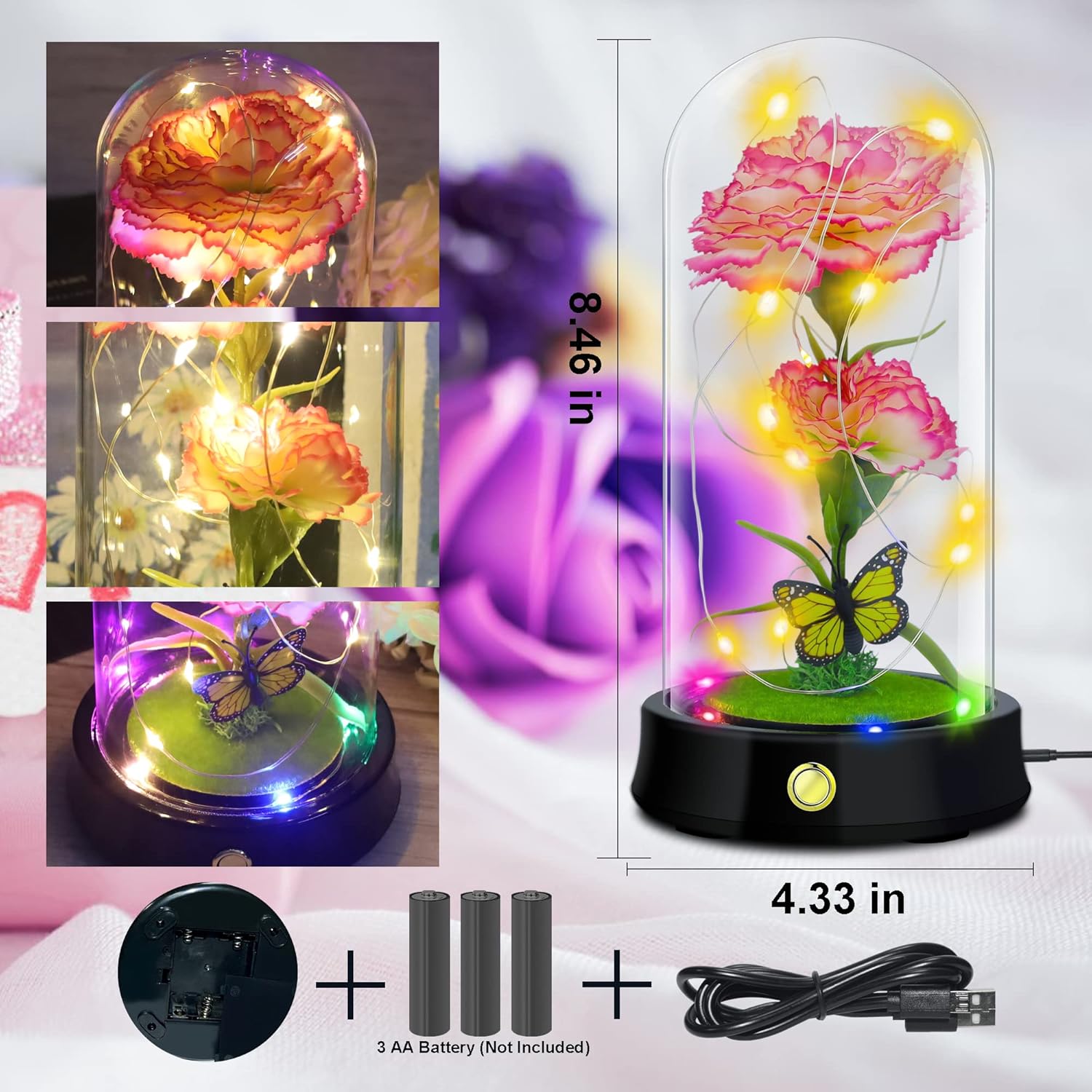 Carnation Flowers Gifts For Mom,Pink Artificial Carnation In Glass Dome With Led Light For Mother'S Day,Birthday,Christmas
