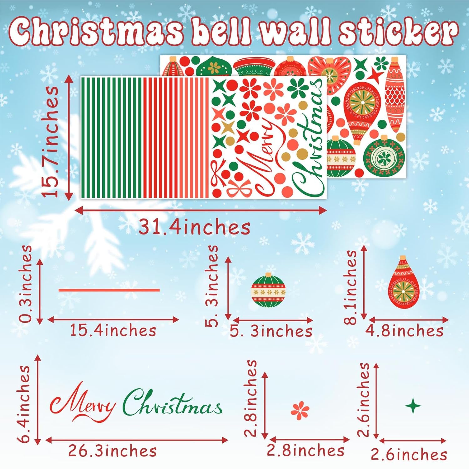 Christmas Bell Wall Stickers Removable Large Xmas Ornament Wall Decals Peel And Stick Merry Christmas Wall Decals Xmas Holiday Wall Stickers Winter Holiday Party Supplies Decorations