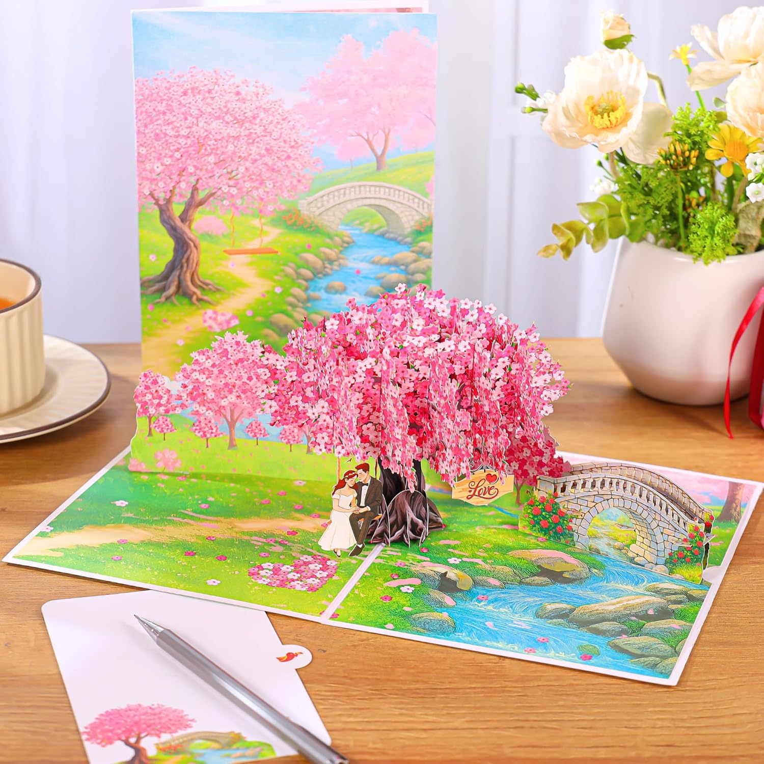 Pop Up Valentines Cards, 3D Cherry Blossoms And Swing Couple In Love, Anniversary, Wedding Cards For Wife, Husband, Her, Him, Girlfriend, Ideal Gift For Birthday, Wedding, Valentine'S Day, Mothers Day