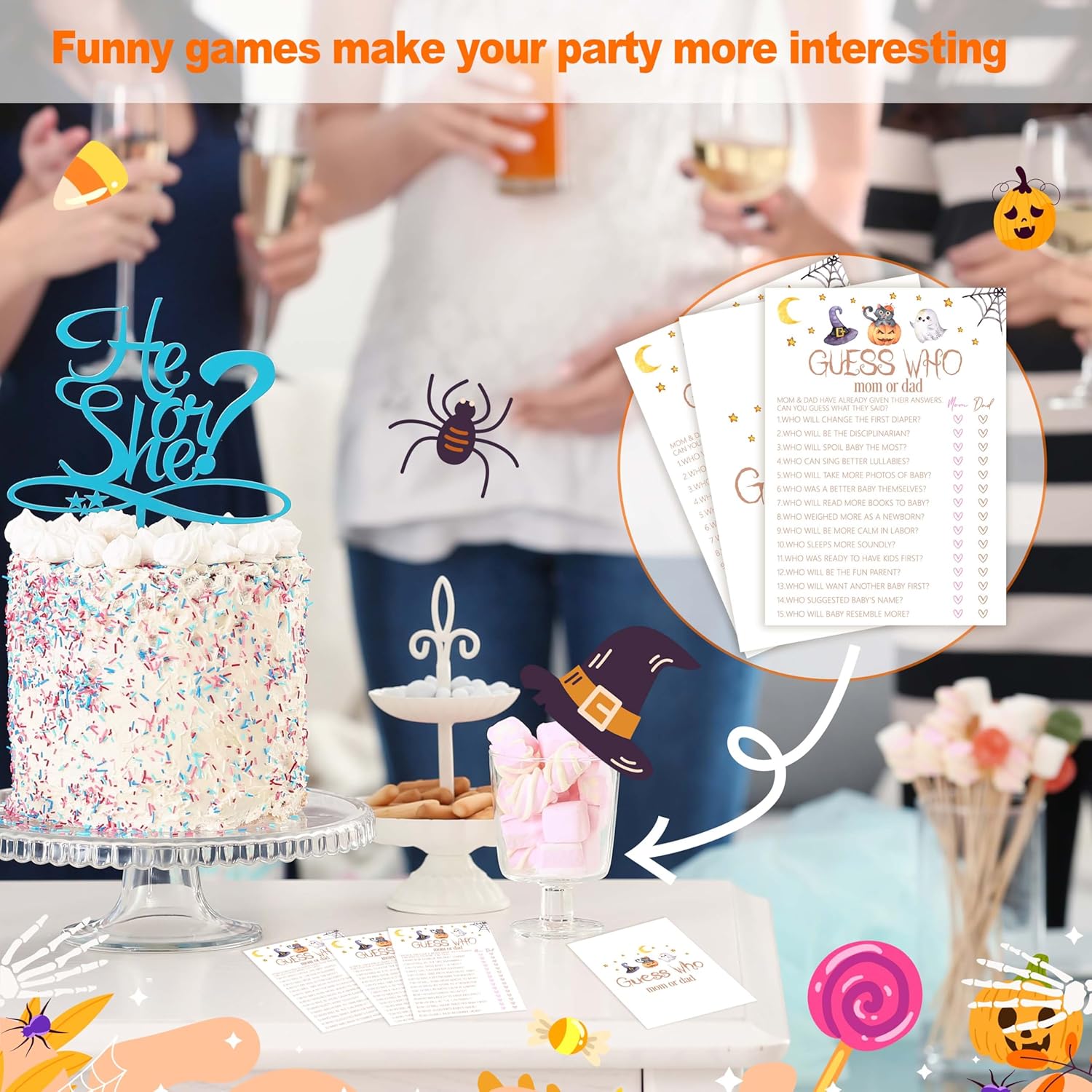 Baby Shower Games, Halloween Guess Who Mom Or Dad Game Cards, 25 Sets Baby Gender Reveal Party Decorations Supplies Favors - D01