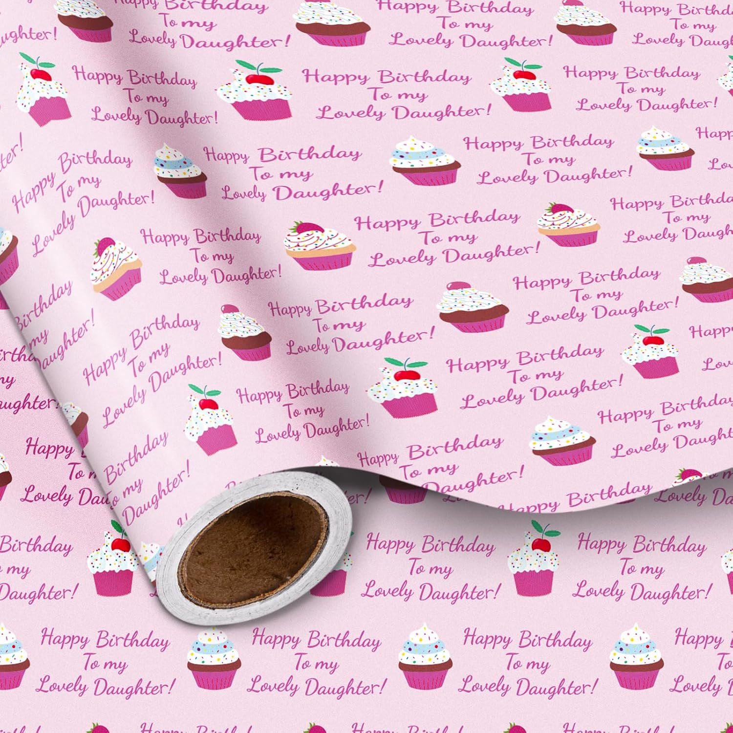 Cupcake Birthday Wrapping Paper Roll For Daughter, Pink Cupcake, Happy Birthday To My Lovely Daughter Gift Wrap For Daughter'S Birthday Of All Ages, Baby Girl, Mini Roll, 17Inches X 16.4Feet