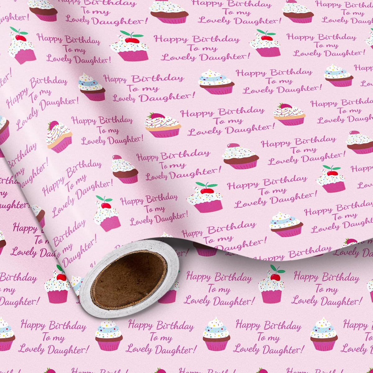 Cupcake Birthday Wrapping Paper Roll For Daughter, Pink Cupcake, Happy Birthday To My Lovely Daughter Gift Wrap For Daughter'S Birthday Of All Ages, Baby Girl, Mini Roll, 17Inches X 16.4Feet