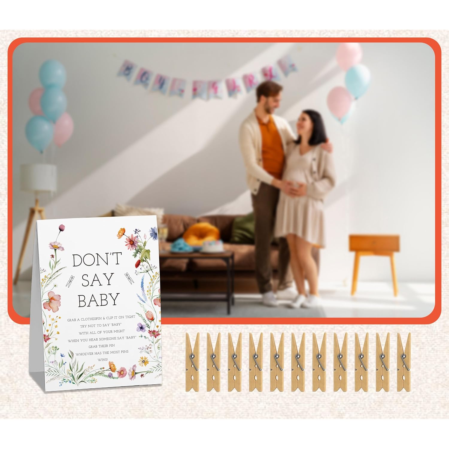 Fun Baby Shower Game, Don'T Say Baby Game For Baby Shower (One Sign With 50 Mini Clothespins), Floral Sign For Baby Shower, Baby In Bloom Decorations, Gender Reveal Game-Dsbb39
