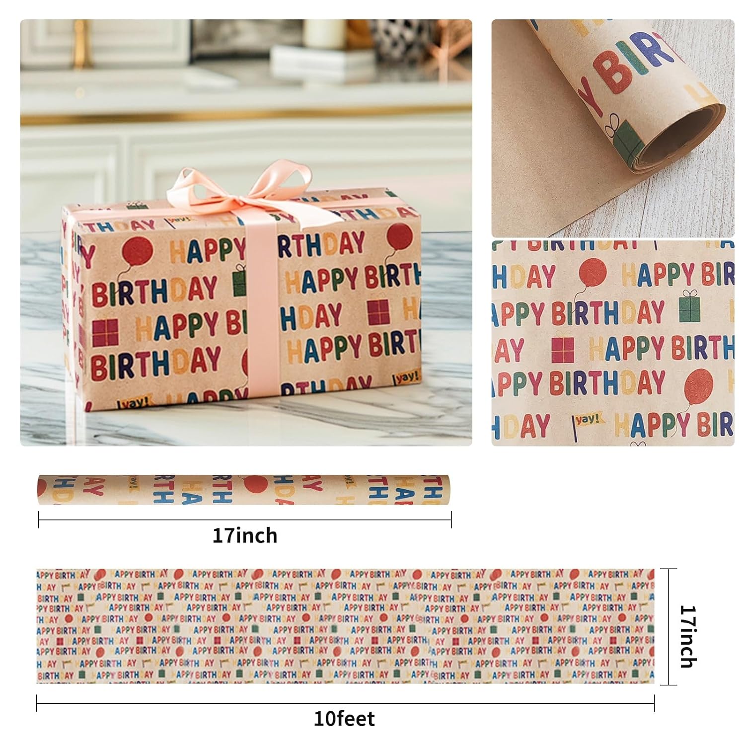 Birthday Wrapping Paper, Gift Wrapping Paper Roll, Kraft Wrapping Paper - Colorful Happy Birthday Pattern For Boys Girls Kids, Gift Wrap For Holiday, Party, Baby Shower- 17 Inch X 120 Inch(10 Feet)