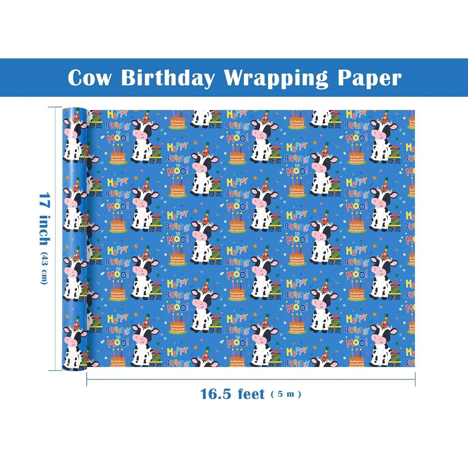 Cow Birthday Wrapping Paper Roll - Mini Roll - 17 Inch X 16.5 Feet - Cow Wrapping Paper With Cakes And Happy Birthday Moo Design Perfect For Girls Boy Kids, Baby Shower