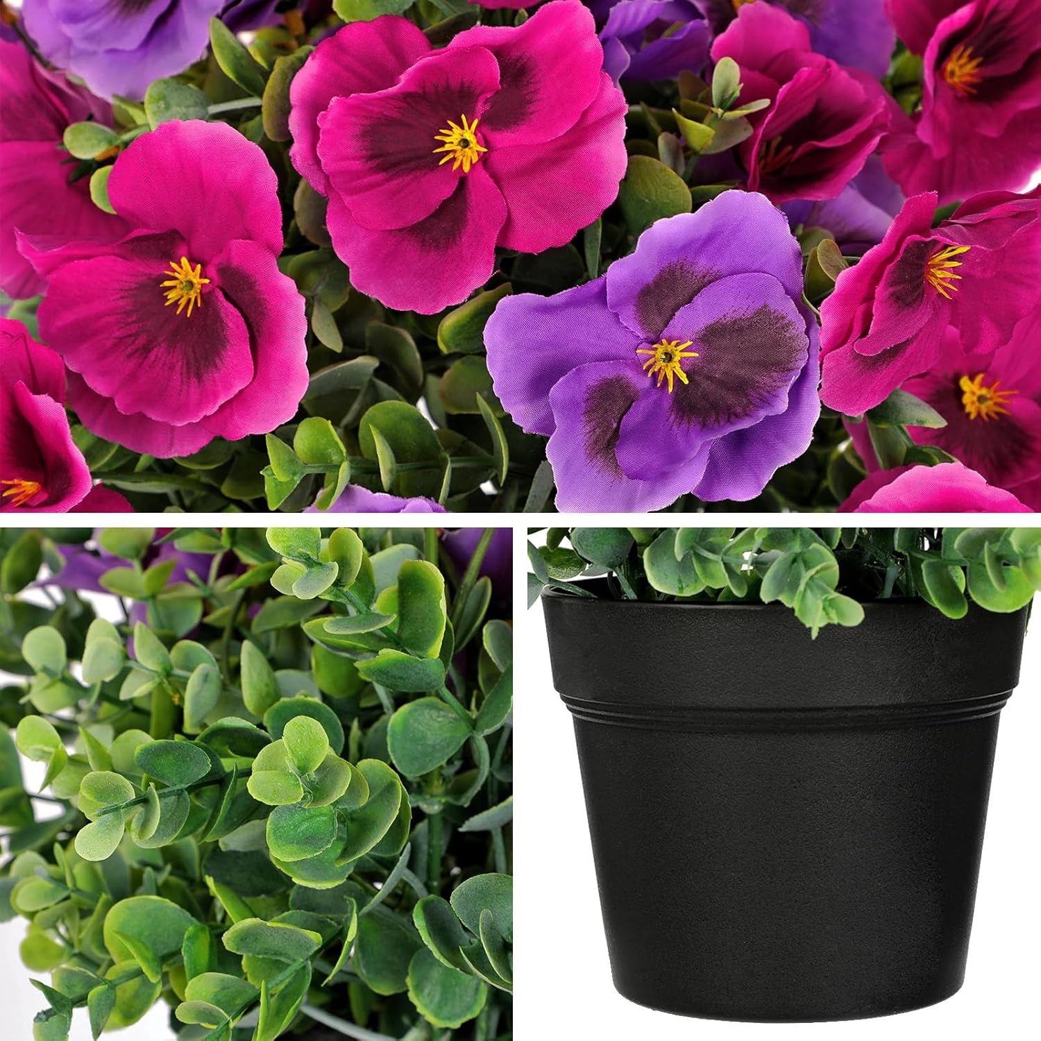 Artificial Potted Pansy Flowers, 13.7’’ Purple & Fuchsia Faux Pansy Arrangement In Black Pot, Lifelike Fake Flowers For Indoor Outdoor Spring Decor, Table Centerpiece, Porch Patio Home Décor