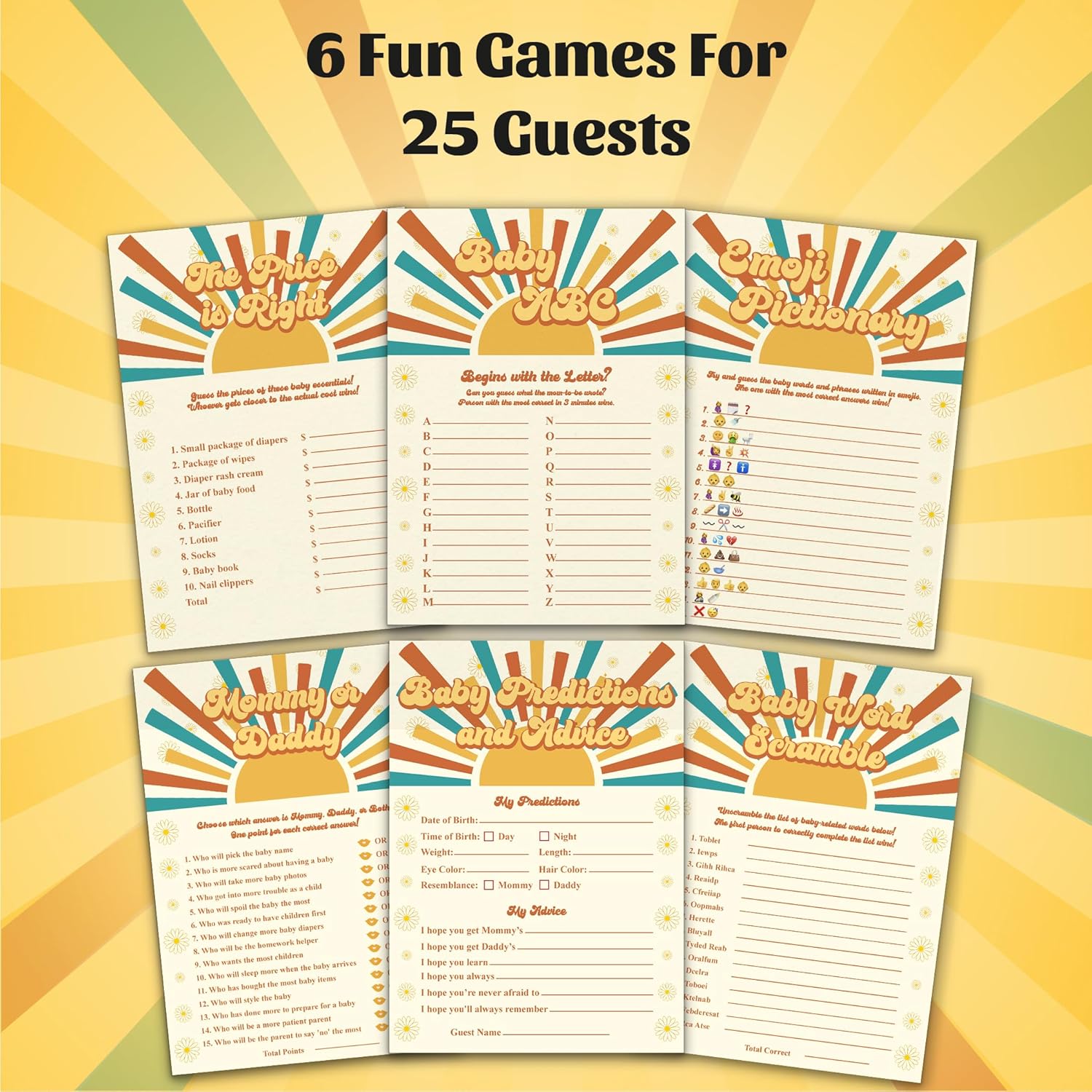 Here Comes The Son Baby Shower Games - 6 Baby Shower Games, 25 Pc - Baby Abc, Baby Predictions And Advice, Baby Word Scramble, Emoji Pictionary, Mommy Or Daddy, The Price Is Right