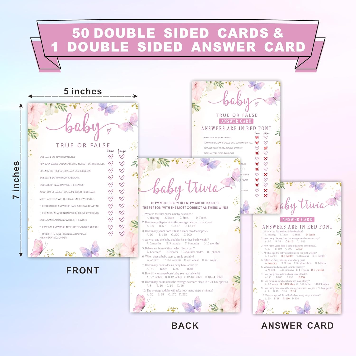 5" X 7" Floral Baby Shower Double-Sided Game Cards With Answer Card - 50 True Or False & Baby Trivia - 2 Games, Gender Reveal Game Cards - Party Decor & Supplies - A04