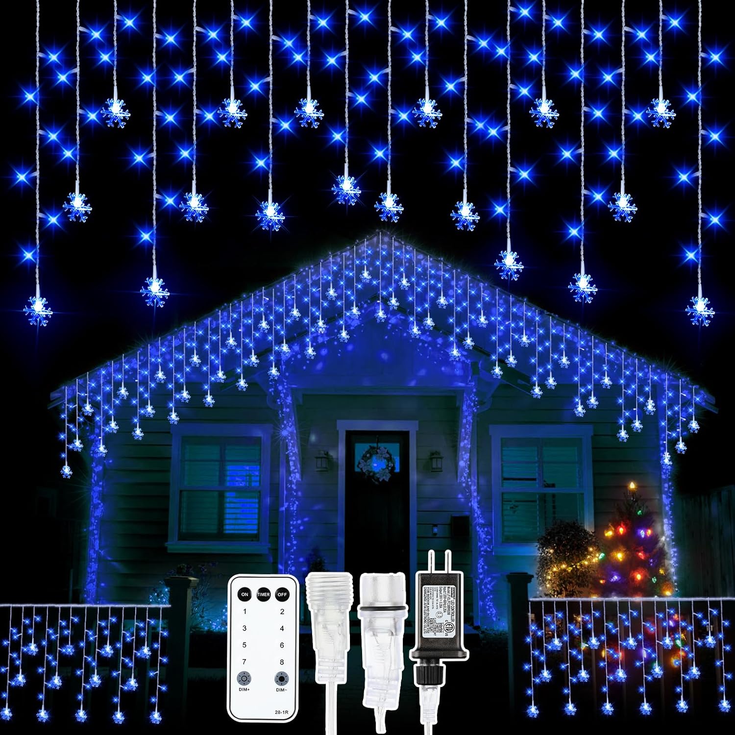 Christmas Snowflake Icicle Lights, 33 Ft Outdoor Snowflake Lights With Remote 8 Mode Waterproof 380 Leds 76 Drops For Cu