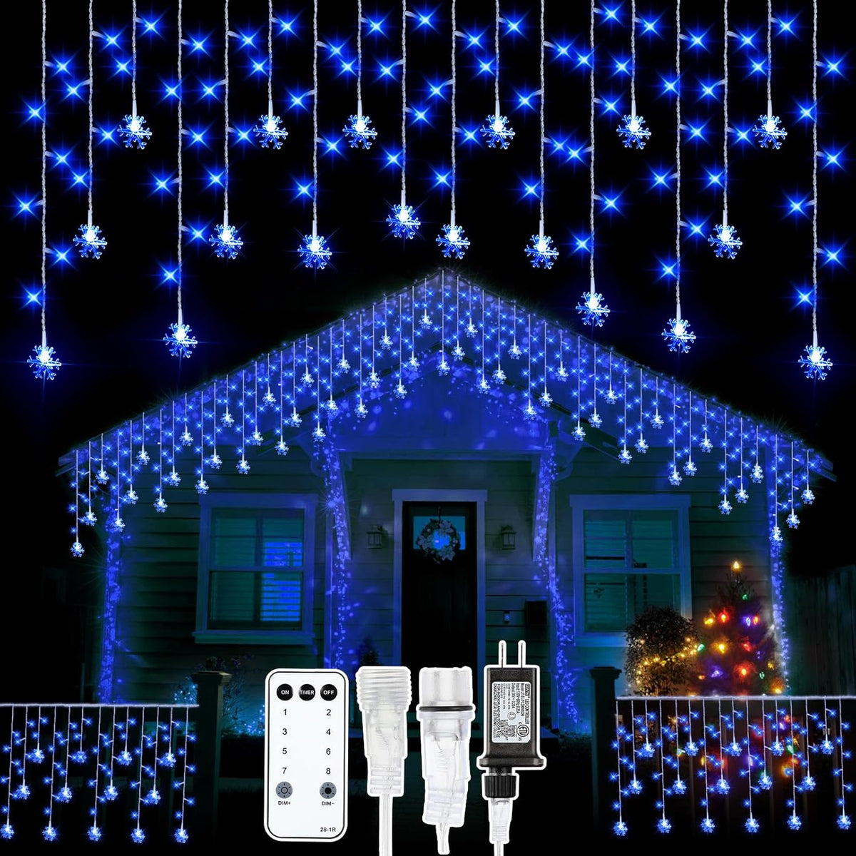 Christmas Snowflake Icicle Lights, 33 Ft Outdoor Snowflake Lights With Remote 8 Mode Waterproof 380 Leds 76 Drops For Cu