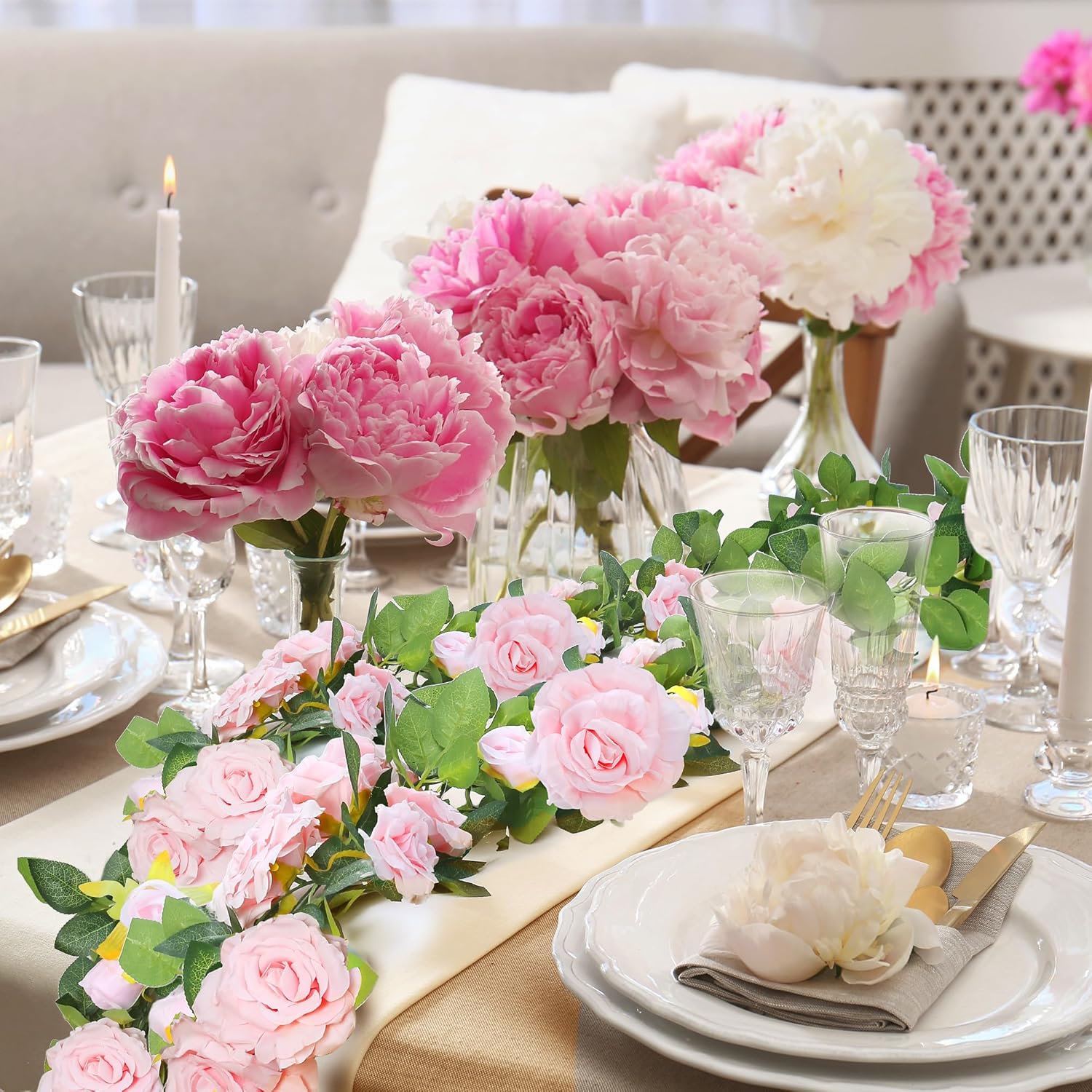 2Pcs 15.5Ft Artificial Rose Vine Fake Flower Garland Floral Garland Faux Silk Hanging Vine Rose Ivy Vines For Wedding Arch Party Wall Garden Ceremony Background Outdoor Decor (Pink)