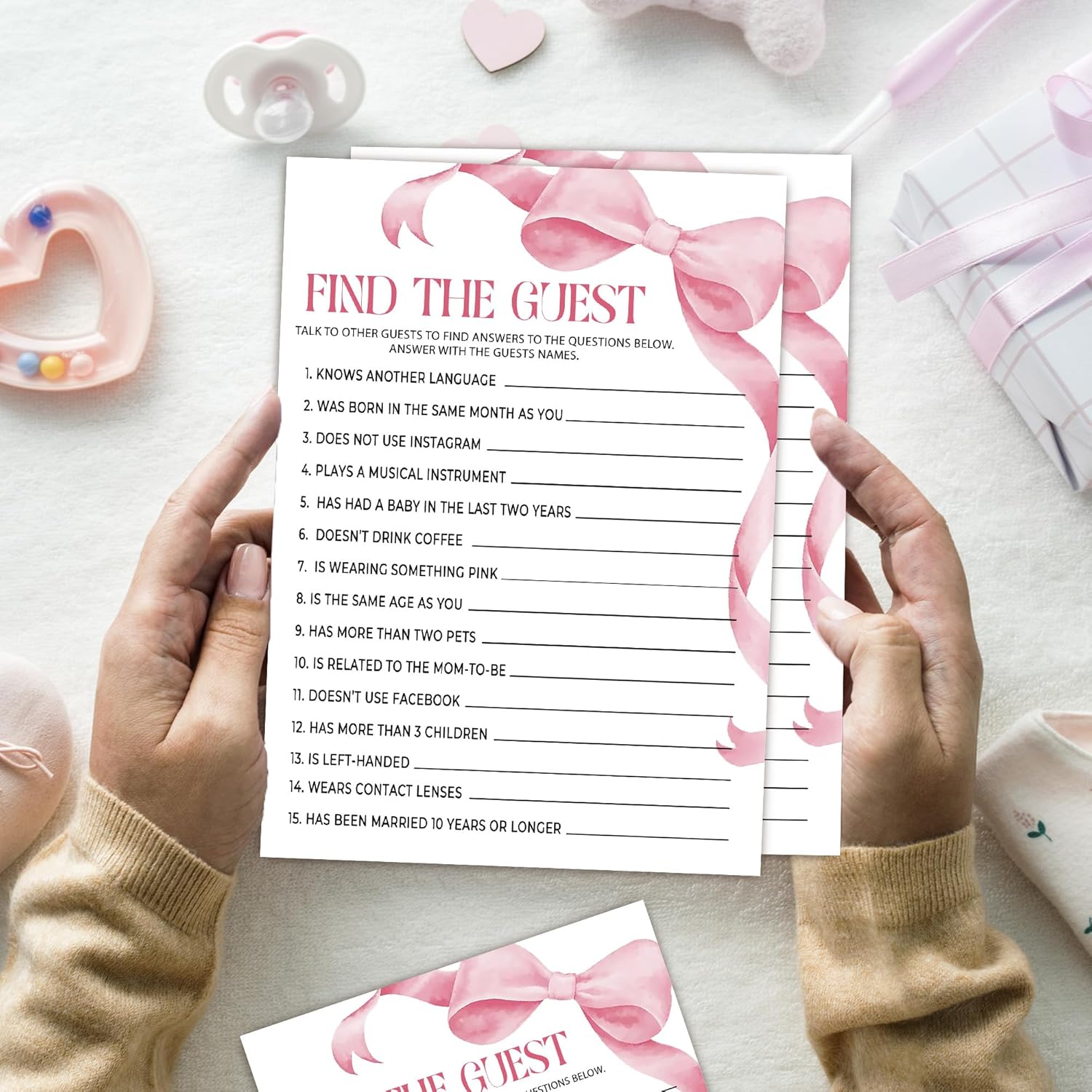 Pink Baby Shower Games For Girl, Find The Guest Game Cards, 25 Gender Neutral Cards, Pink Bow Gender Reveal Party Supply Kit, Baby Shower Decorations(5''X7'')-A04