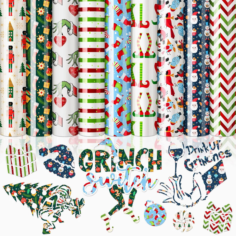 9 Sheet Christmas Heat Transfer Vinyl Assorted Colorful Patterns Iron On Vinyl