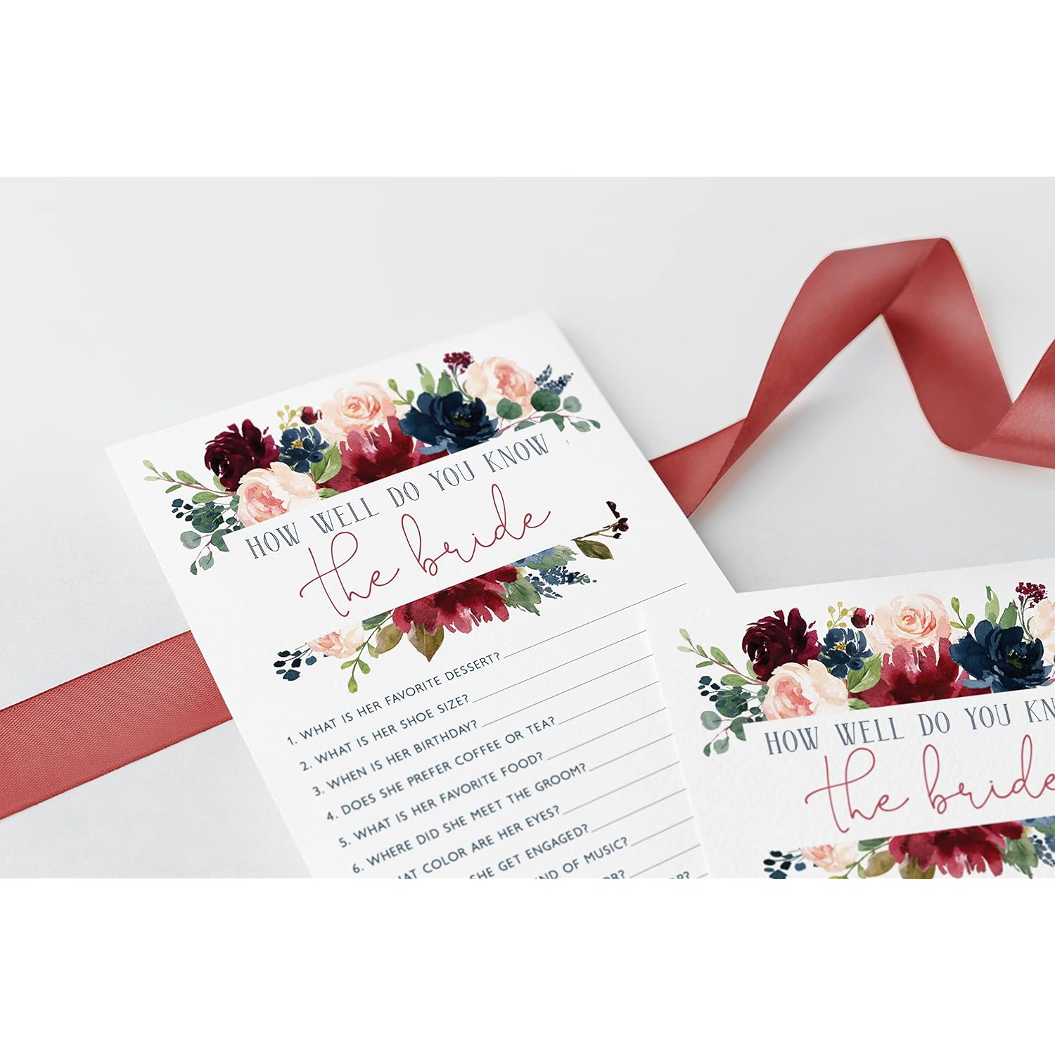 "How Well Do You Know The Bride Navy Burgundy 50 Pack Floral Bridal Wedding Shower Or Bachelorette Party Game - Guessing Question Pack For Engagement Parties