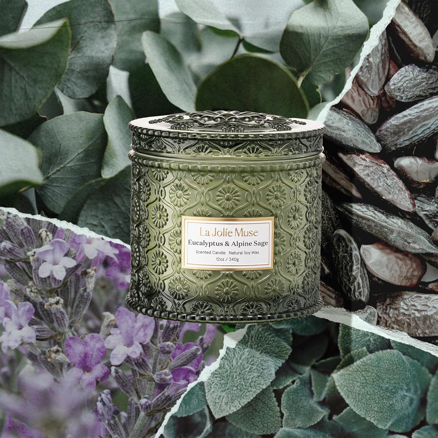Eucalyptus & Apline Sage Scented Candle | Eucalyptus, Sage, Lavender | 12 Oz Double Cotton Wick Soy Candle | 60 Hours Clean Burn | Daily Relaxation & Cozy Ambiance | Elegant Home Decor
