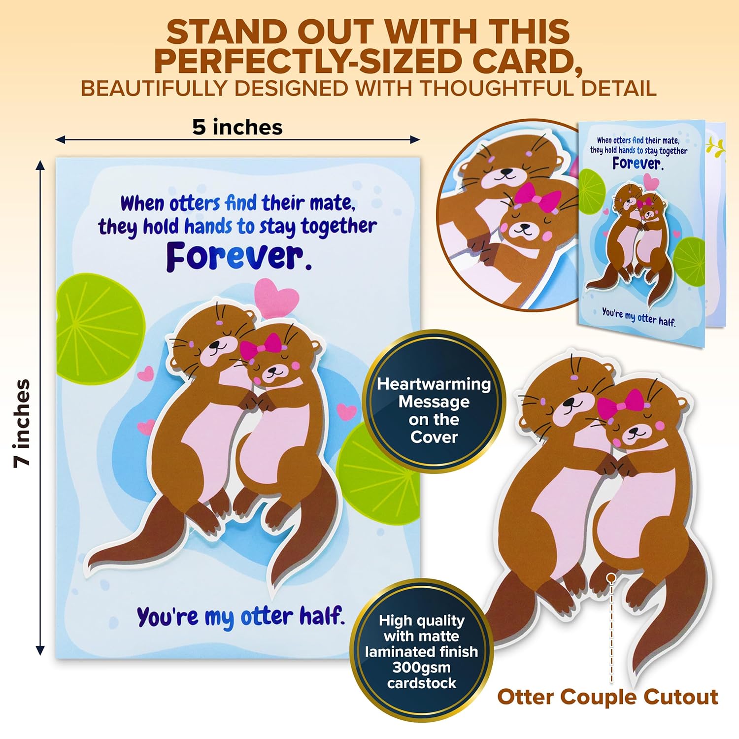 Foiled 5X7In Individual Otter Valentines Card Set With Adorable Cutout, Matching Envelope And Stickers For Wife, Husband, Romantic Partner, Blank Inside - Gifting, Mailing