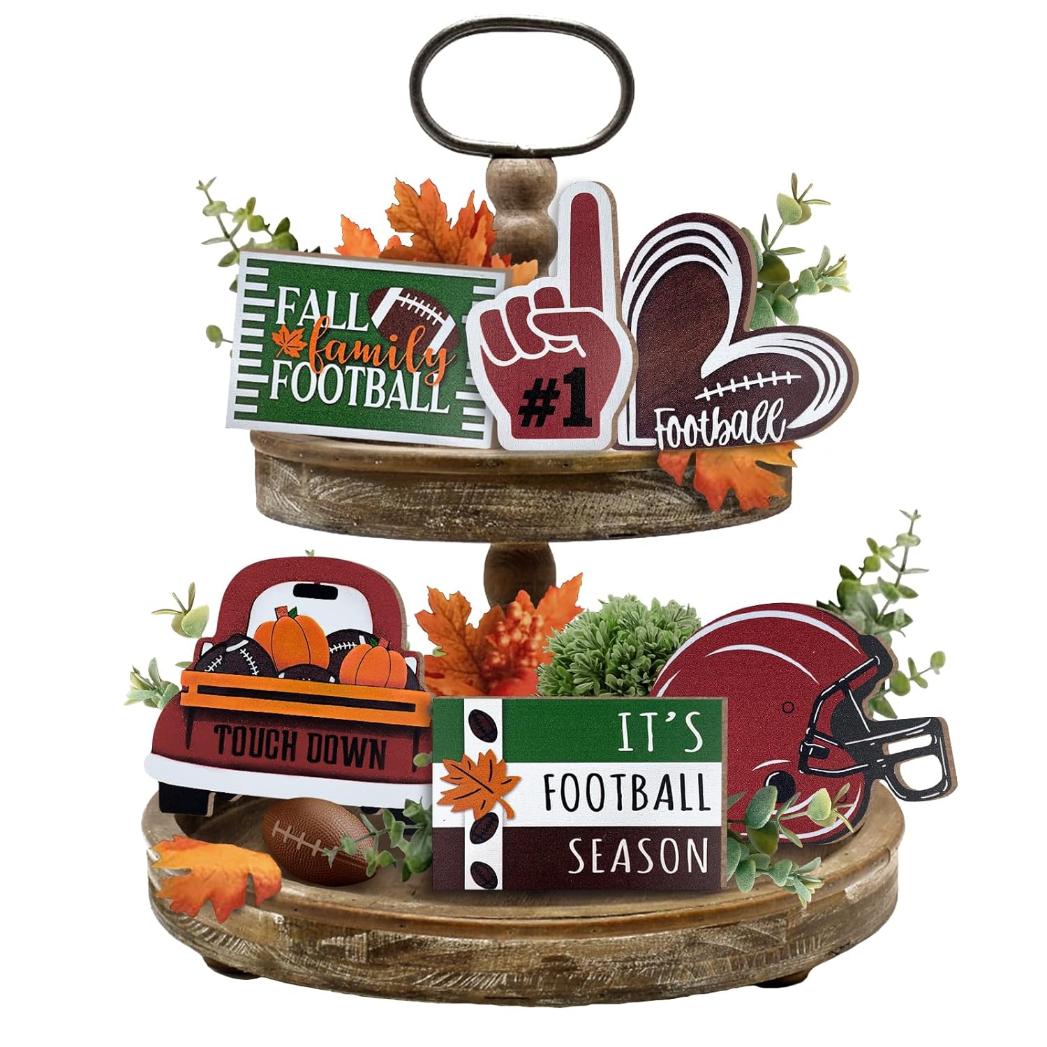 Fall Football Tiered Tray Decor, Farmhouse Tray Decorations Truck Heart Football Helmet Game Wooden Sign, Rustic Thanksgiving Autumn Football Season Decorations For Home Table Shelf Party 6Pcs