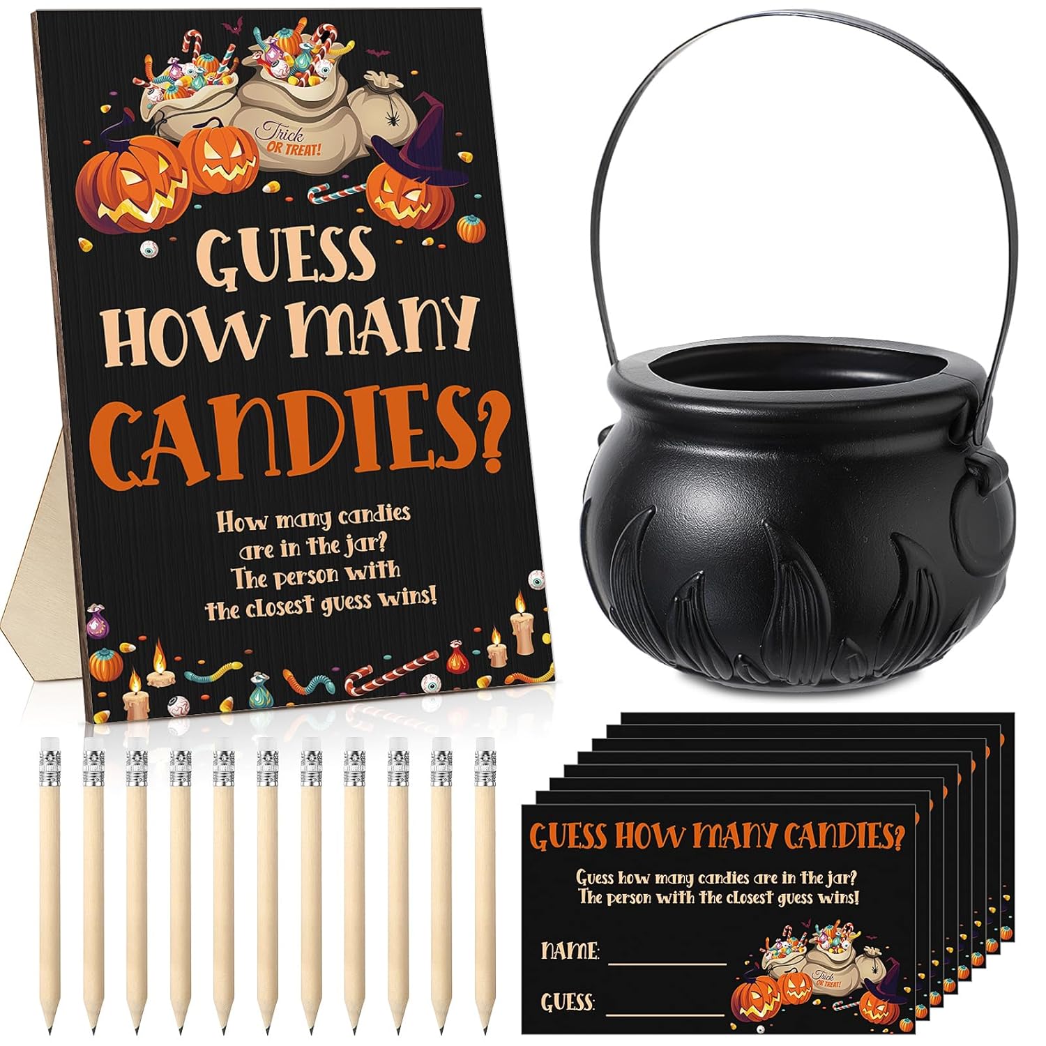 72 Pcs Halloween Games Halloween Baby Shower Game Included 1 Wooden Candy Guessing Game Sign 50 Guess How Many Cards 20 Hb Pencils And 1 Mini Cauldron Jar For Baby Shower Party